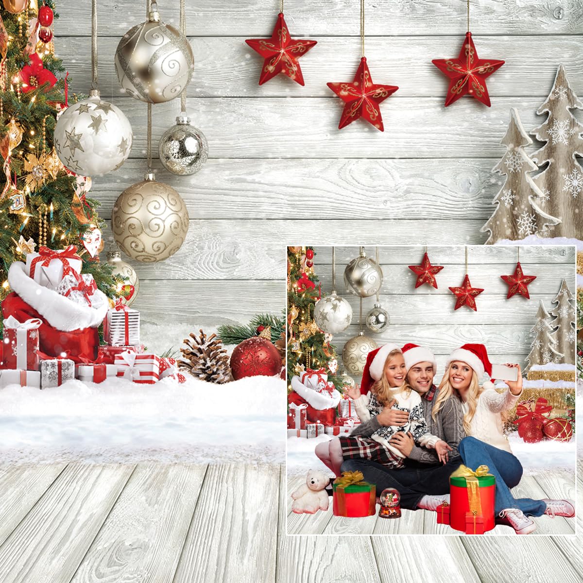 CYLYH 7x5FT Christmas Barn Wood Door Photography Backdrop Xmas Tree Snow Gift Wall Floor Party Photo Background For Holiday New Year Party Banner Family Holiday Party Supplies D554