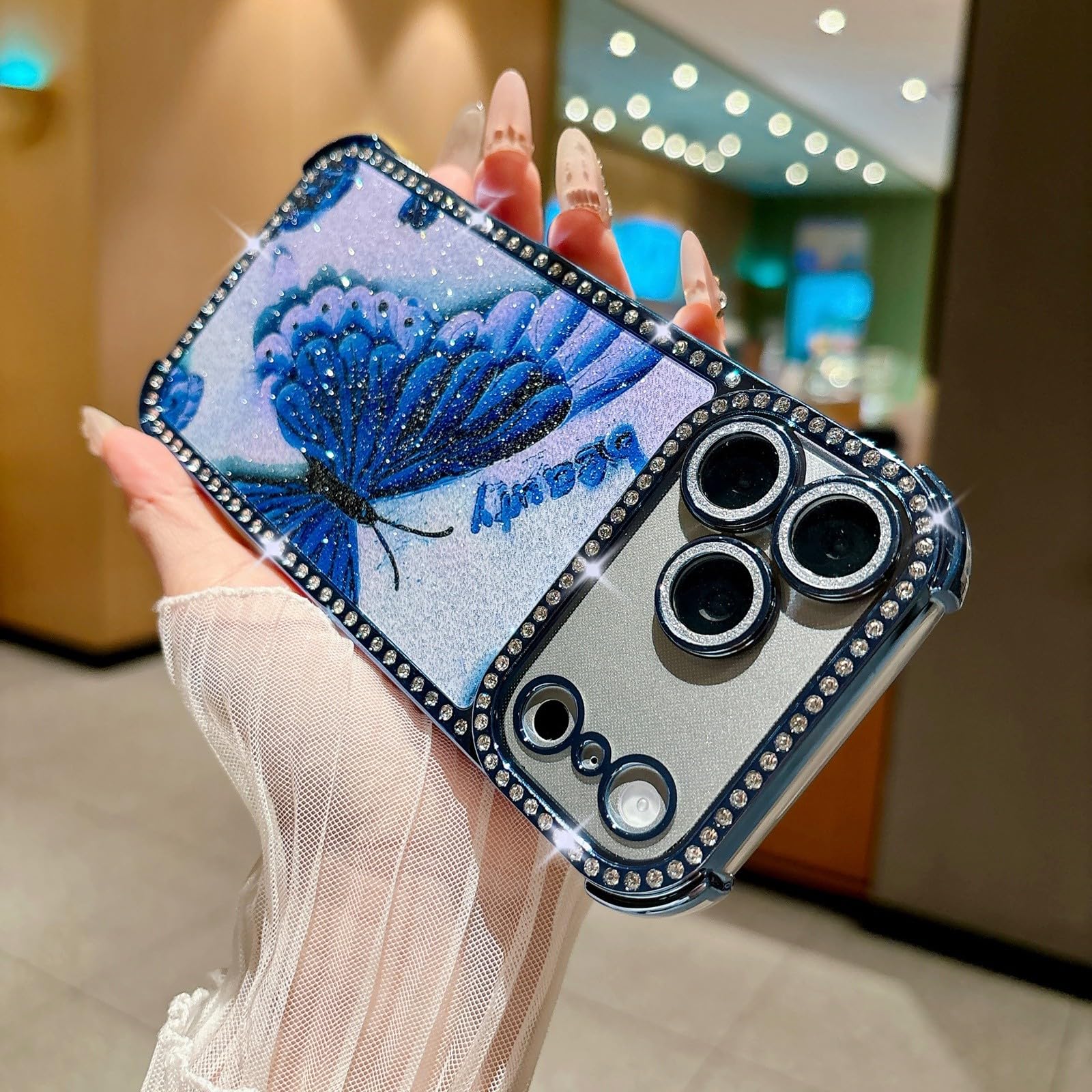 Generic Funda compatible con iPhone 17 Pro (patrón: mariposa azul), funda de silicona dura con purpurina para lente de cámara