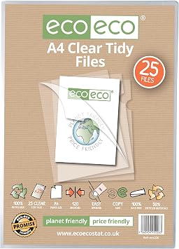 eco-eco A4 50% Recycled Bag 25 Tidy Report Files, 120 Micron Open Top & Side Covers File Wallets Clear Cut Flush, eco226