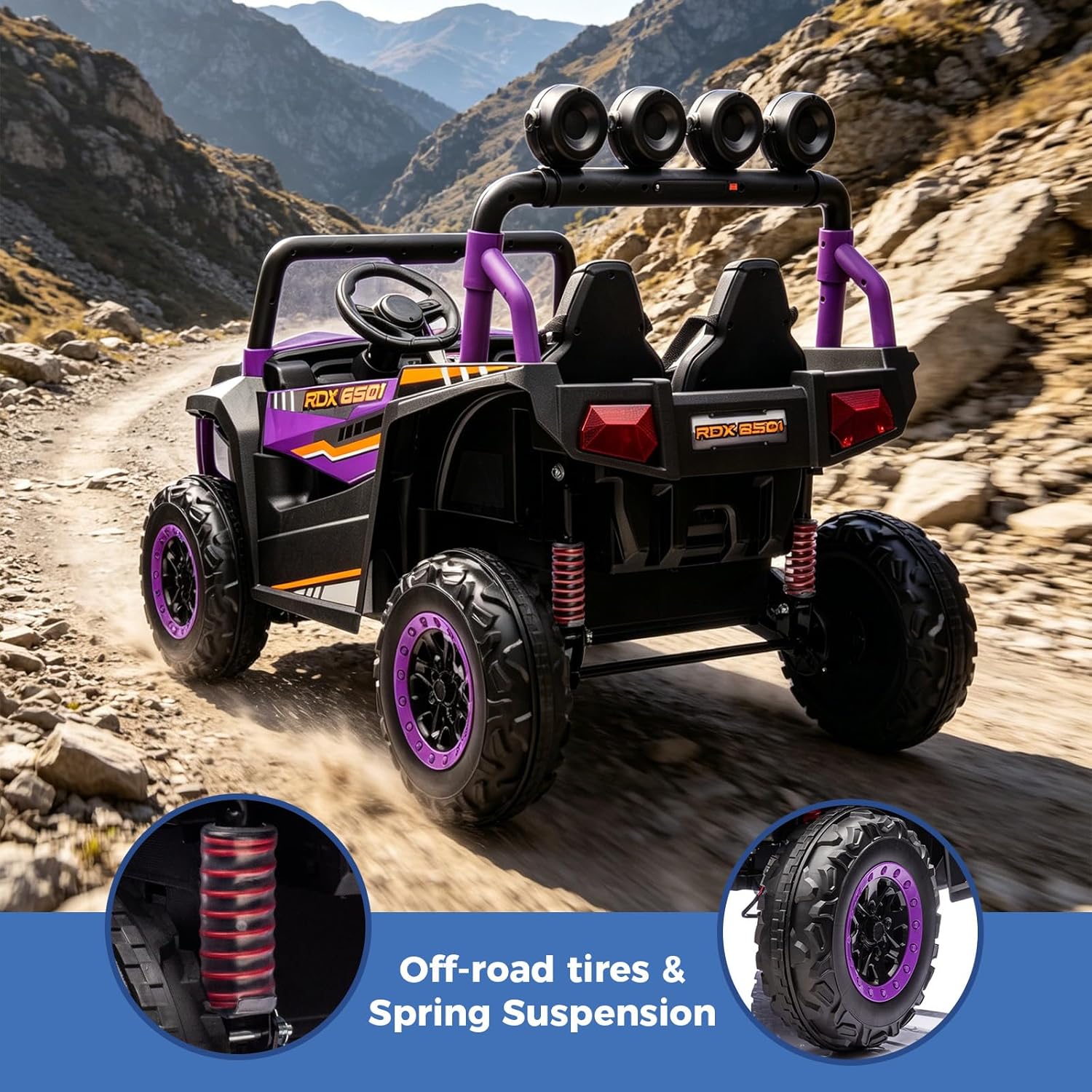 24V 2-Seater Kids Ride-On UTV, 4WD Electric Car with Parent Remote Control, 4x200W Motor, LED Headlights & Searchlights, Bluetooth Music, Spring Suspension, 3-Speed Off-Road Toy Gift, Purple