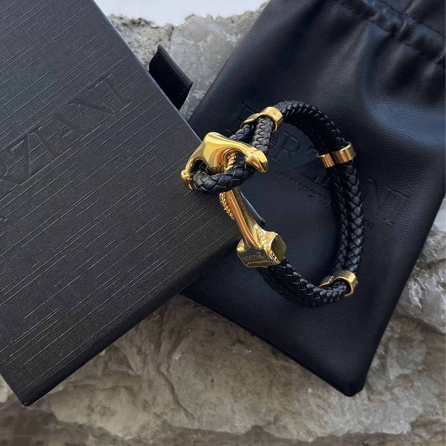 Forziani Mens Gold Anchor Black Leather Bracelet - Luxurious Nautical Bracelet - Gift Packaging Included - Sz Medium - Awesome Mens Gift - Image 7
