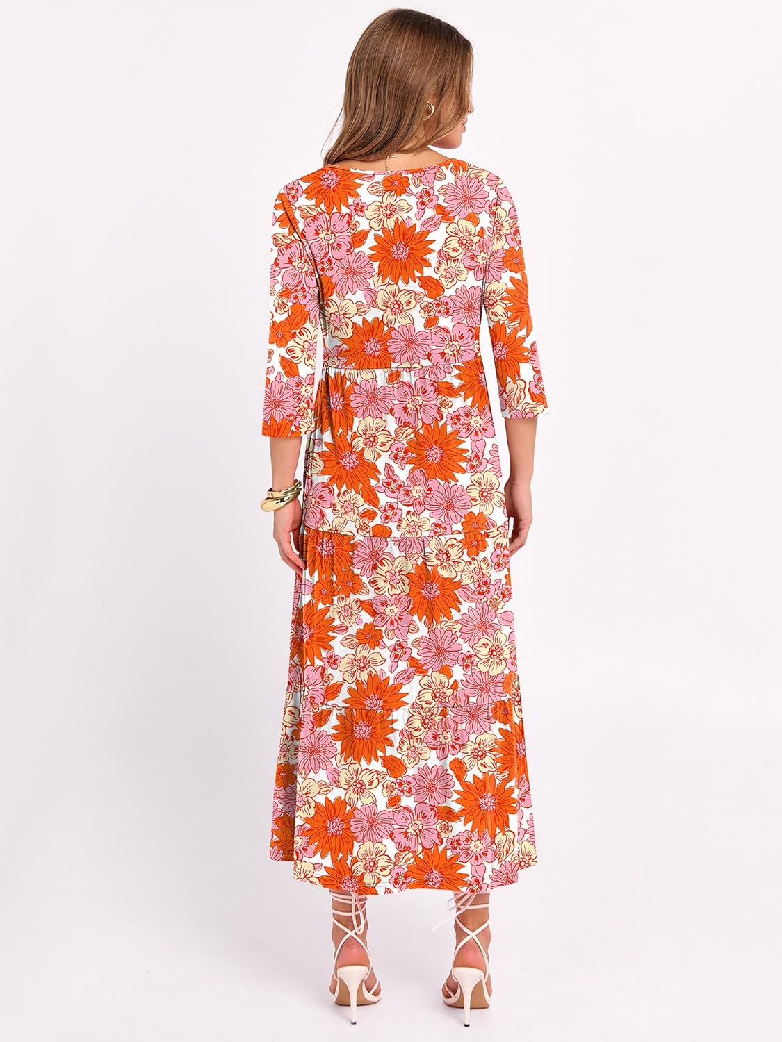 Prinbara Womens 3/4 Sleeve Casual Maxi Floral Dresses 2026 Spring Crewneck A-line Tiered Flowy Summer Boho T Shirt Long Dress - Image 7