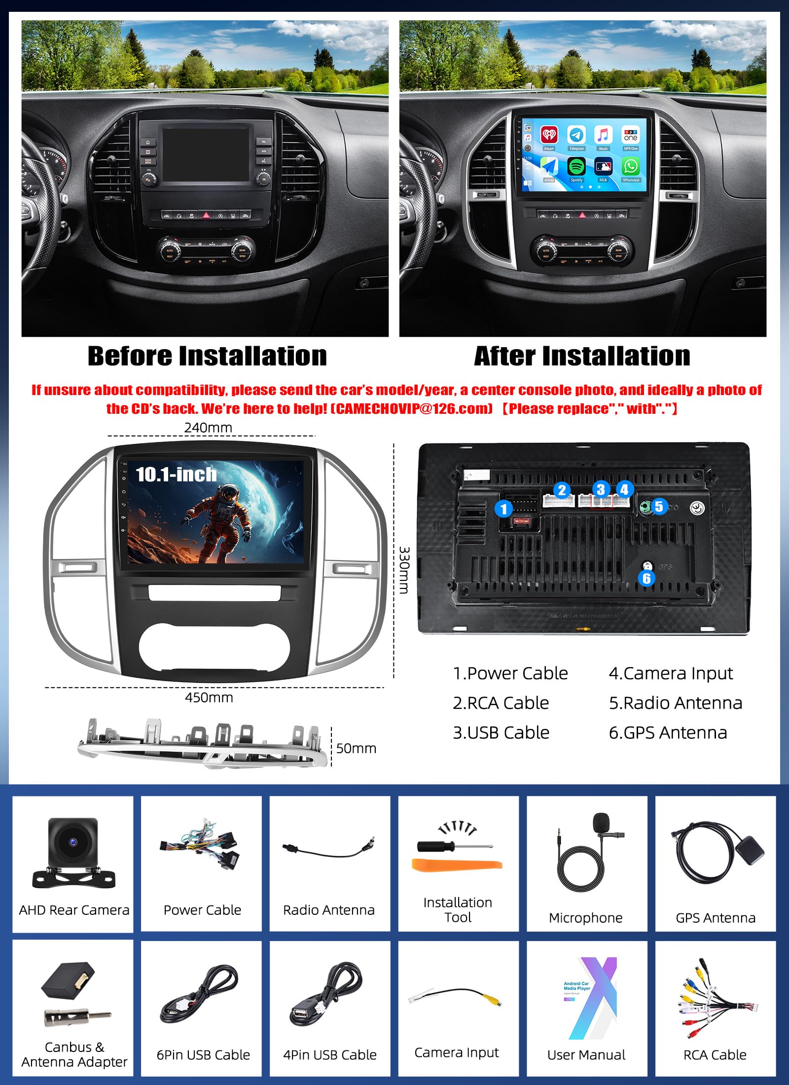 2+64G CAMECHO Android 15 Carplay Autoradio per Mercedes Benz Vito 3 W447 (2014-2020) con Navi Carplay Android Auto, Schermo da 10 Pollici con Bluetooth RDS/FM +Telecamera Retromarcia