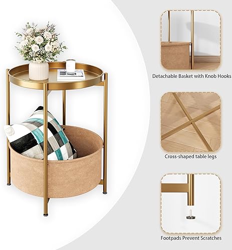Miniatura 5 de Mesa auxiliar dorada, mesa auxiliar dorada champán, mesa auxiliar pequeña dorada, mesita de noche redonda para niños con canasta, mesa decorativa