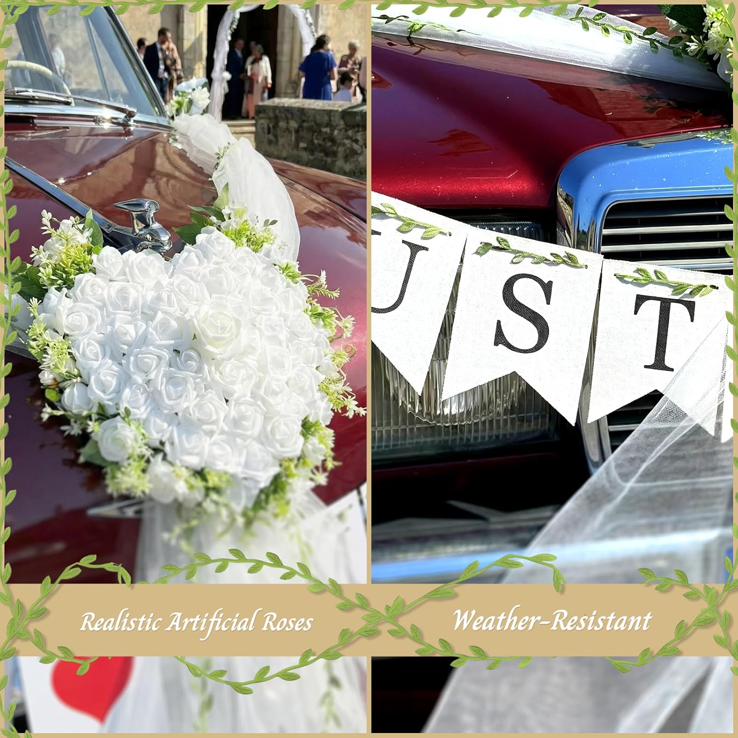 Just Married Car Decorations Set – White Wedding Car Ribbon & Flower Kit with Heart Bouquet, Rearview Mirror Flowers, Static-Cling Window Decal, Banners – Wedding Getaway Vehicle Decor