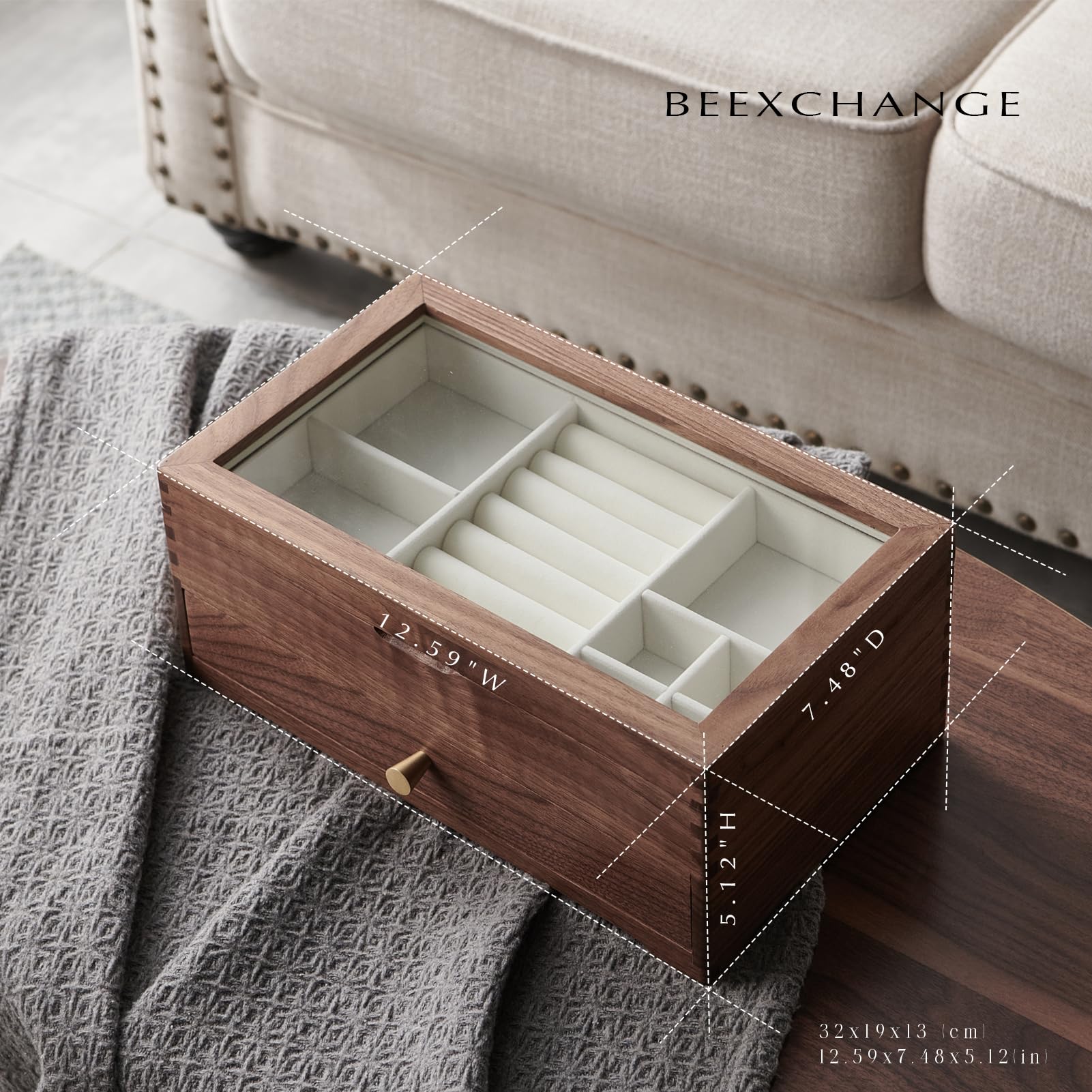 Beexchange Black Walnut Wooden Jewelry Box - Allwood, Handcrafted, Glass Lid 1 drawer. Gift for Women, Men, and Girls. Jewelry Organizer Storage(Double-Layer)