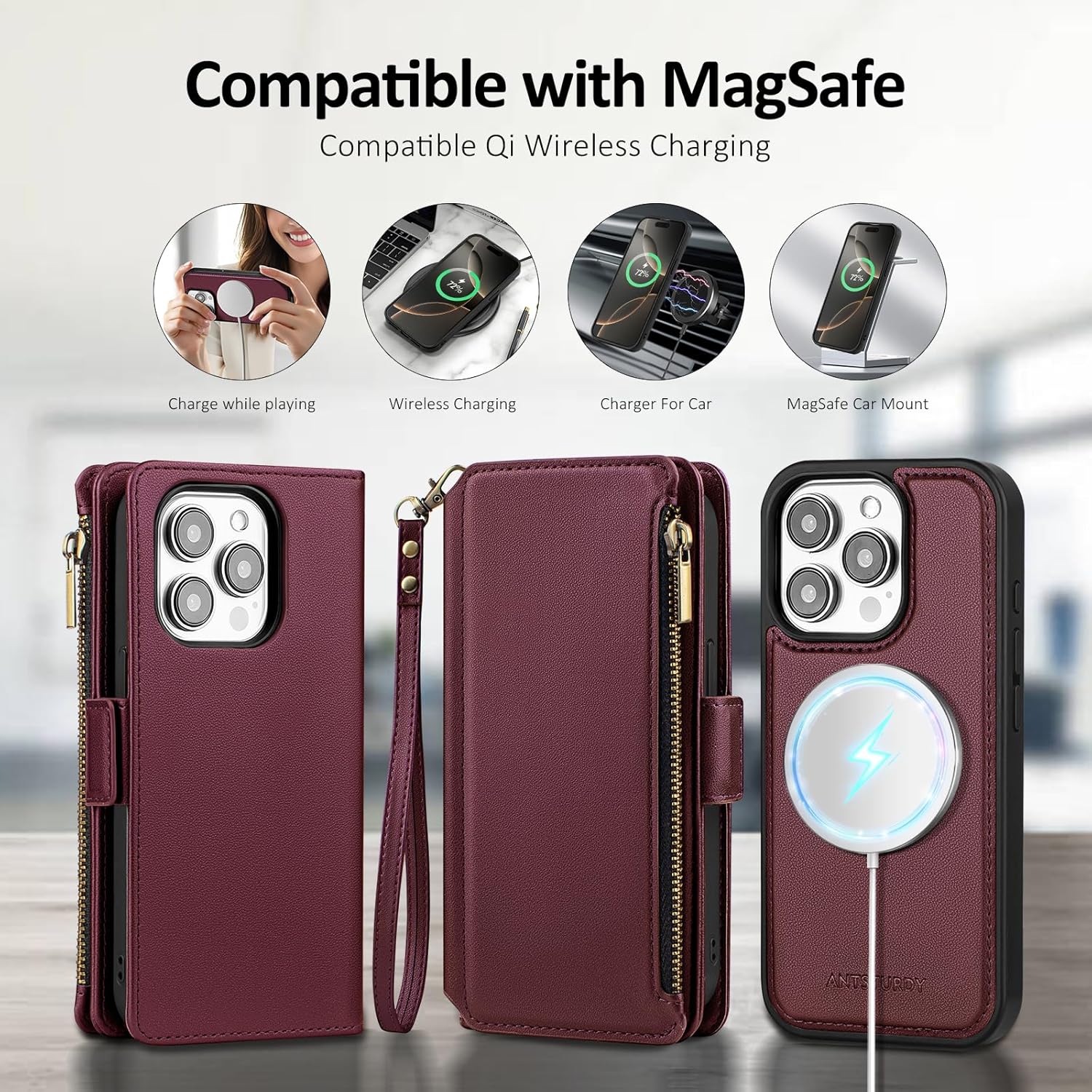 Antsturdy Compatible with Magsafe Magnetic 2 in 1 Detachable iPhone 13 Pro Max Wallet Case with Credit Card Holder Slots,PU Leather RFID Blocking Phone Cover Wrist Strap Zipper Women Men,Wine Red - Image 4