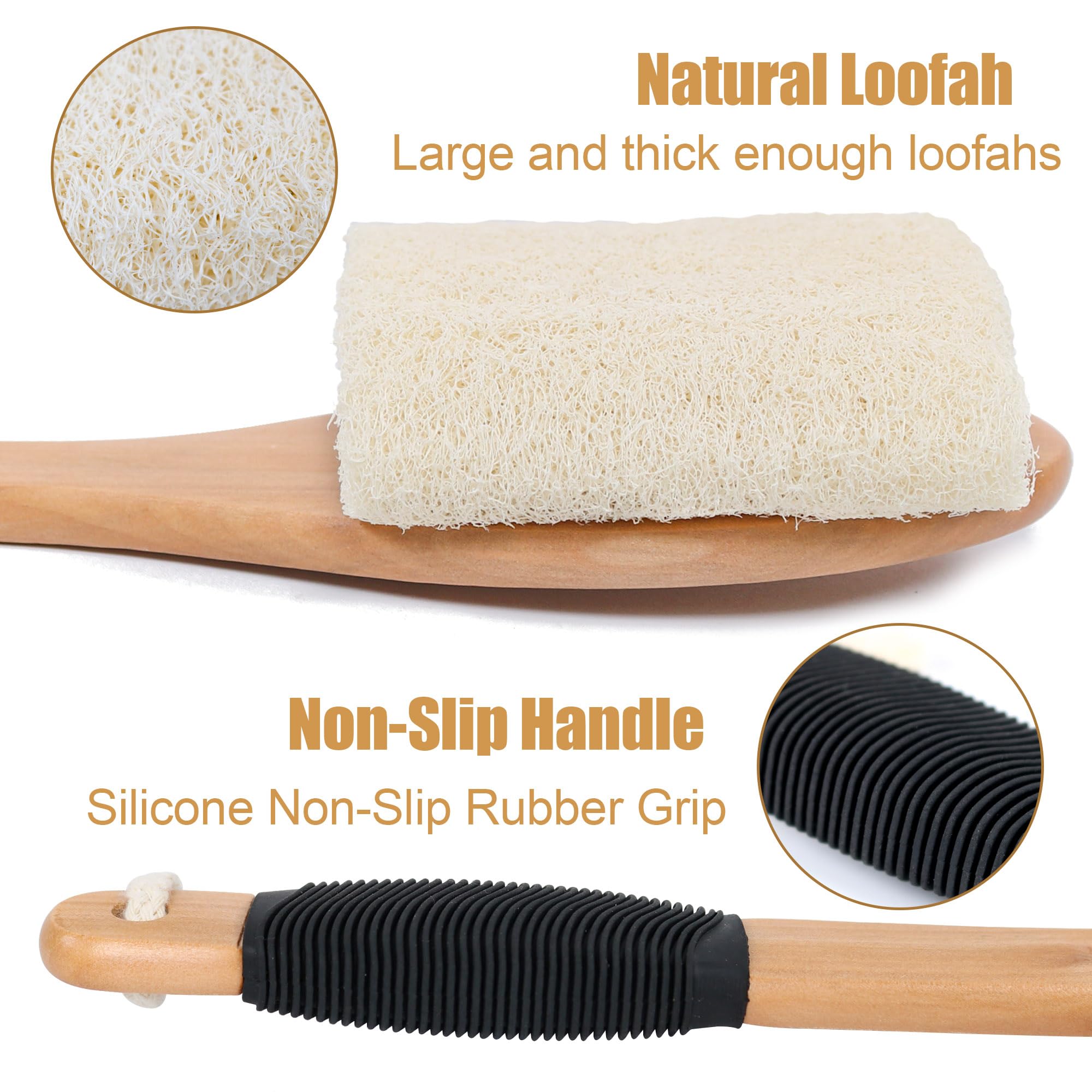 OWIIZI Brosse à récurer en luffa pour le dos avec long manche - Éponge de bain en luffa pour le corps - Exfoliant naturel sur bâton pour homme et femme