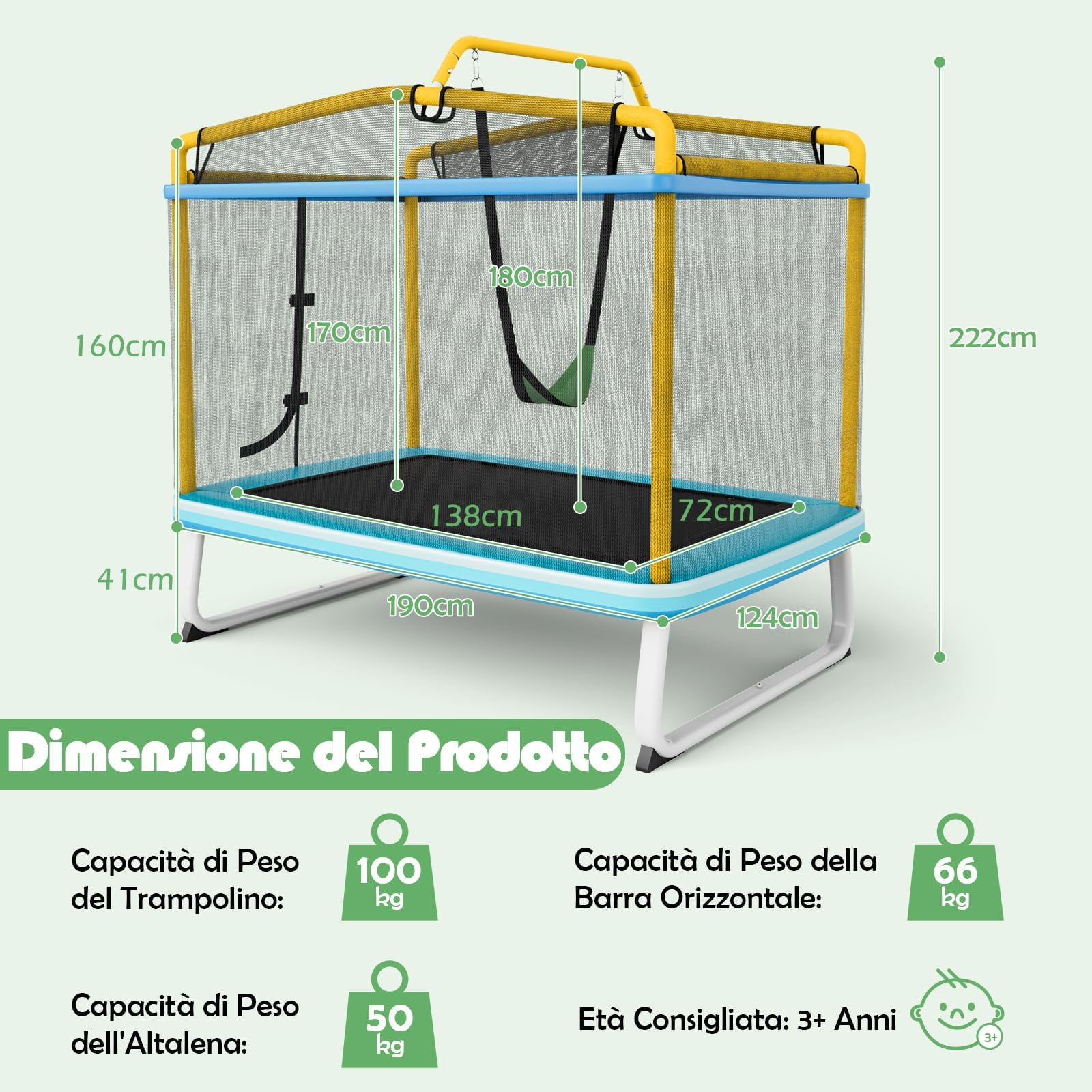 GYMAX Trampolino Elastico per Bambini, 3 in 1 con Altalena e Barra per Trazioni, Rete di Sicurezza, Interno ed Esterno, Idea Regalo per Bambini 3+