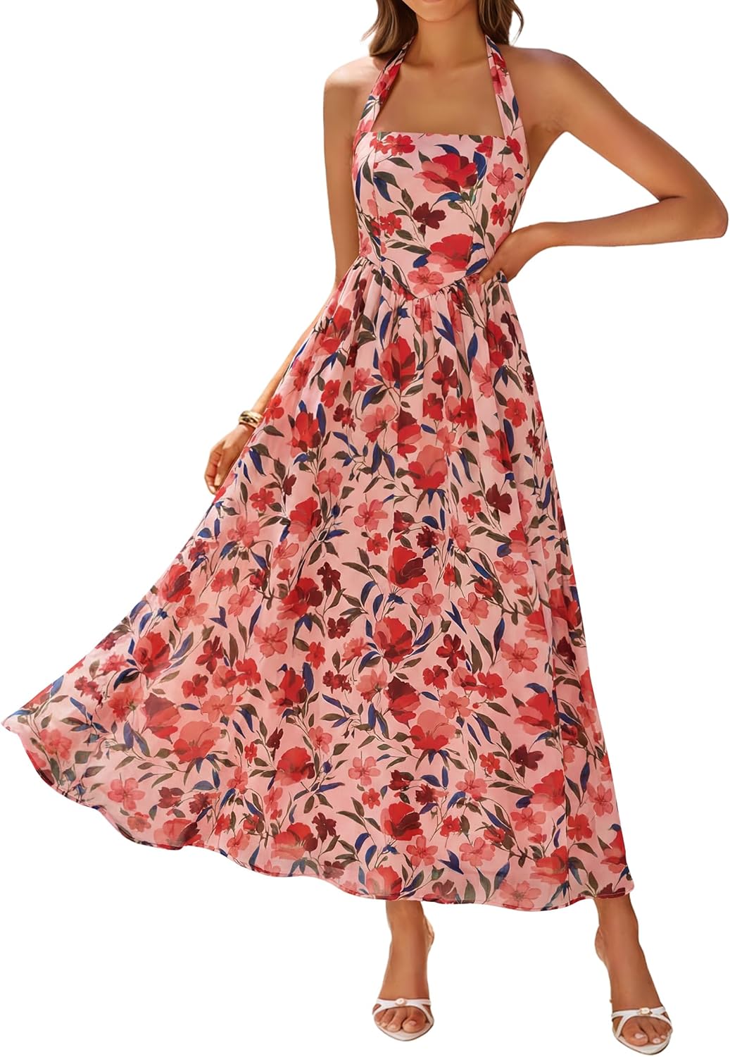 ZESICA Women's Summer Floral Halter Midi Dress 2026 Sleeveless Off Shoulder High Waist Flowy Casual Beach Long Dresses