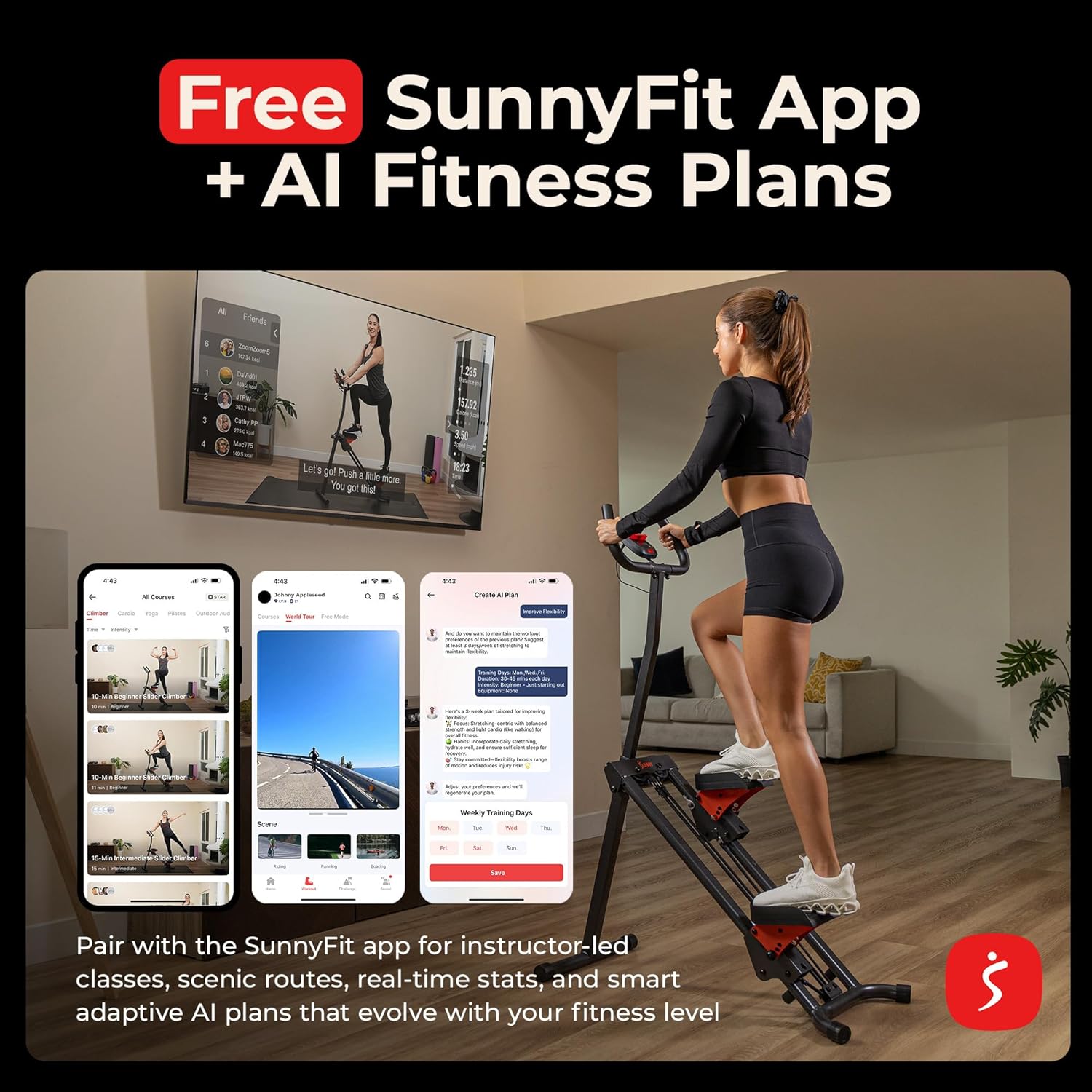 Sunny Health & Fitness Smart Foldable Cardio Stair Stepper, Vertical Climber Exercise Machine for Home Workout, Extended Step Range