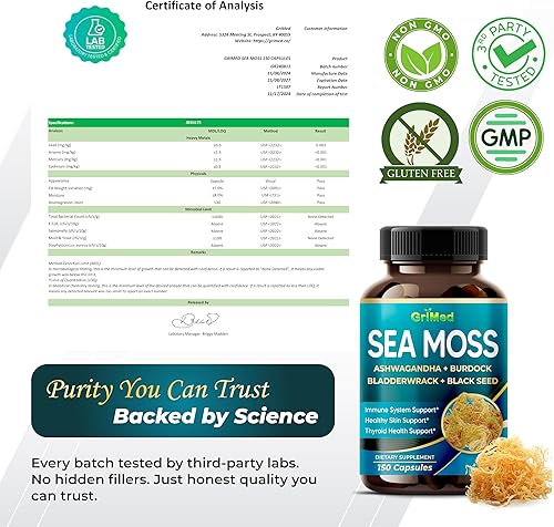 Miniatura 7 de Musgo marino prémium con Ashwagandha, vejiga de bardana, semillas negras para sistema inmunológico, piel, digestión y energía, fabricado en los