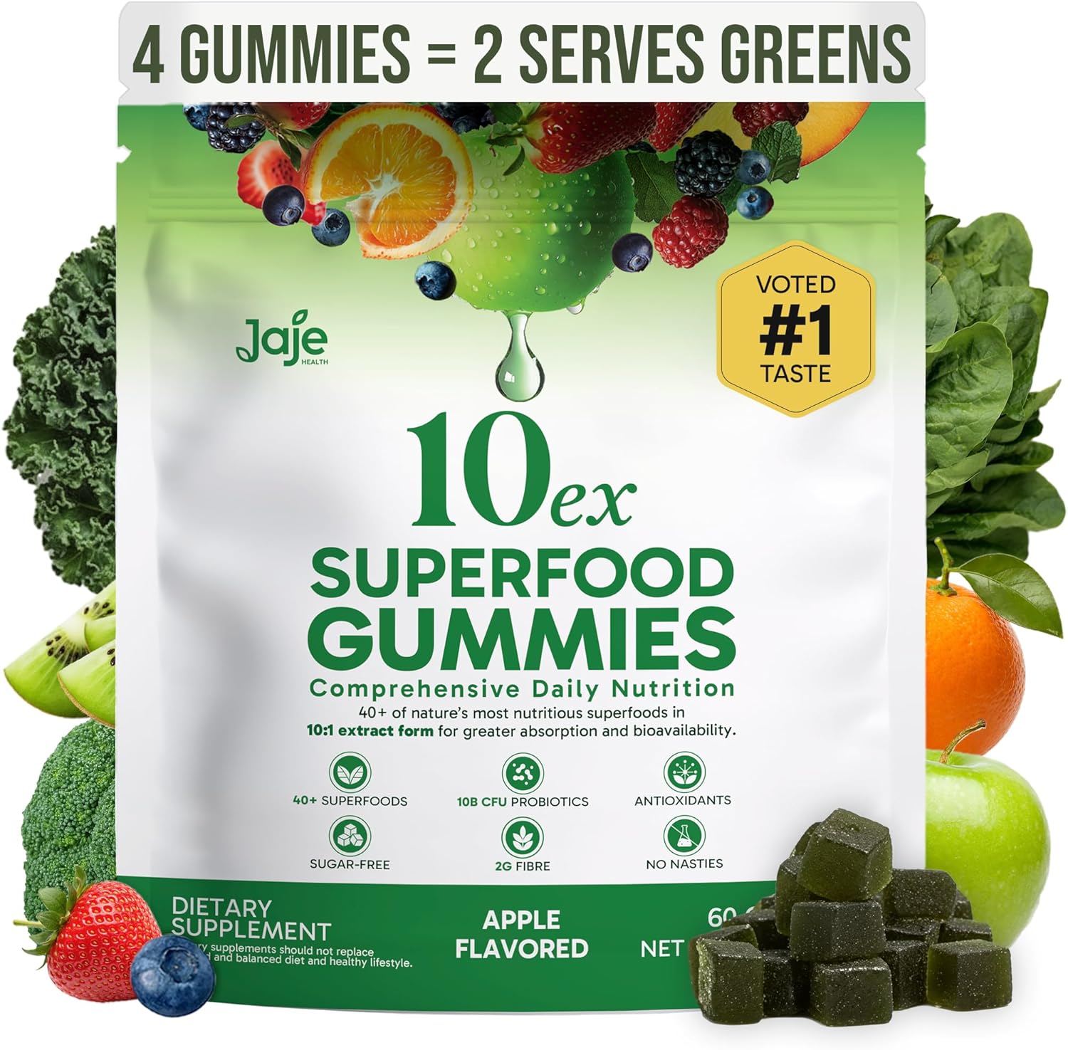 10ex Supergreens Gummies w/Probiotics. 40 Superfoods & Super Greens. 10x More Nutrients. Multivitamins & Antioxidants from Whole Foods. Healthy Snacks for Adults. Keto, Low Carb, Low Calorie Snacks.