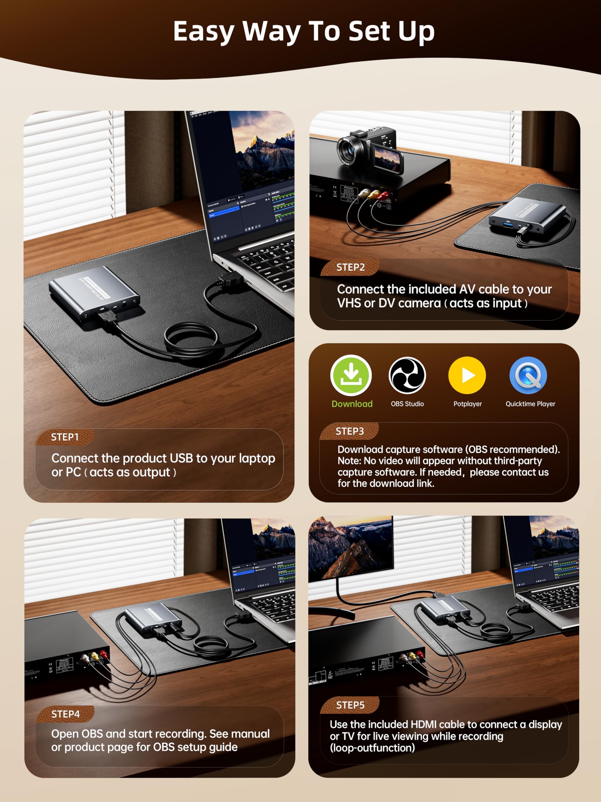 Convertidor VHS a digital Tarjeta de captura de vídeo USB con salida HDMI, captura RCA AV a USB para VCR/DVD/Hi8/PS2/Wii, convertidor analógico a digital 1080P 30fps, grabación y vista previa de