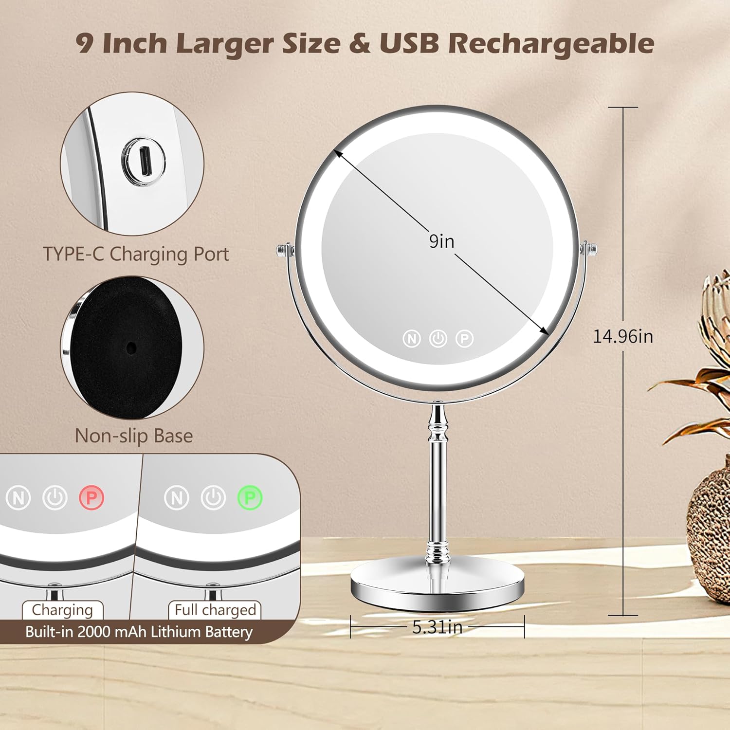 9" Large Lighted Makeup Mirror, 1X/10X Magnifying Makeup Mirror with 3 Colors Dimmable Lightning, 80 LED Lights, 360°Rotation Double Sided Standing Vanity Mirror