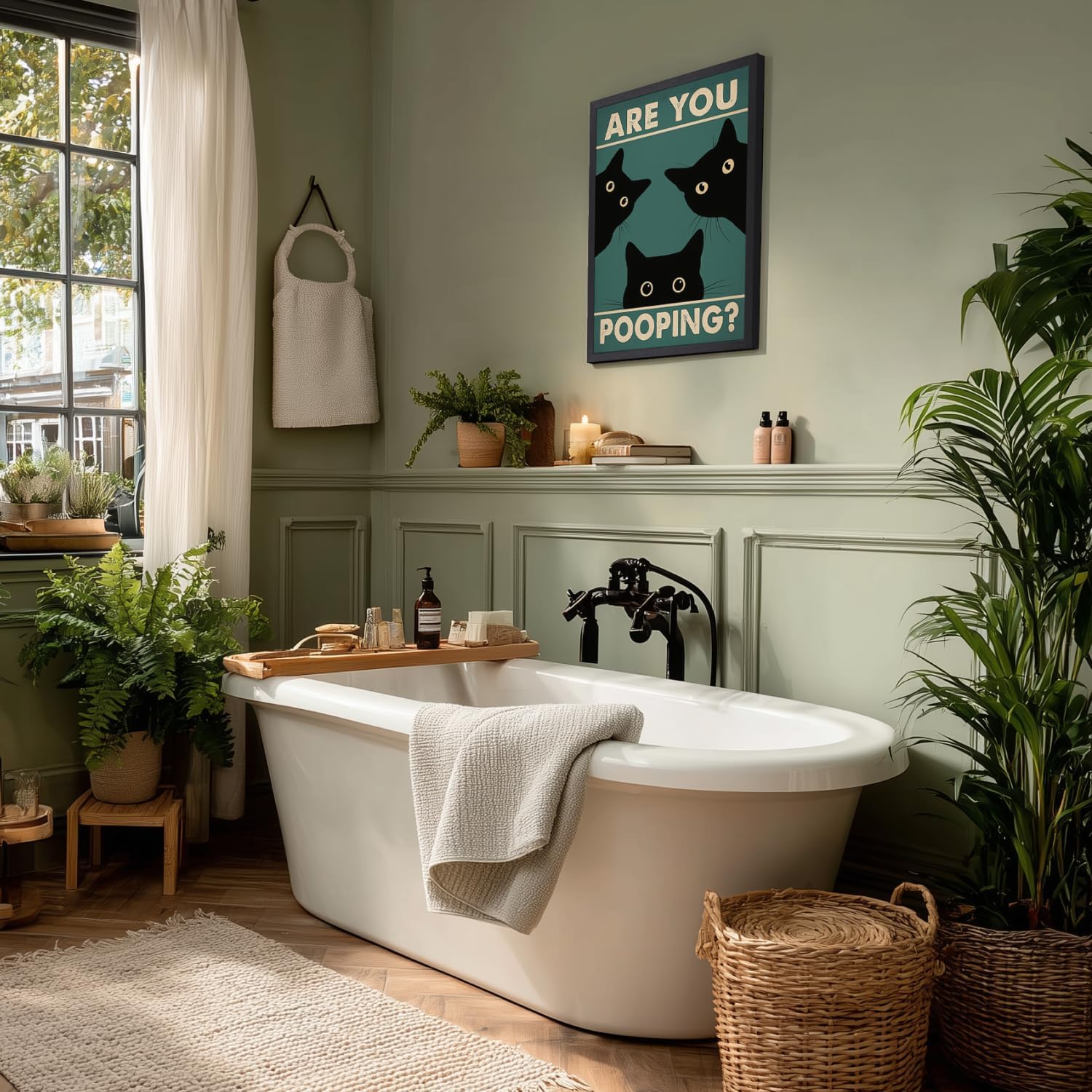 Cyebmo Funny Black Cat Bathroom Wall Art, Whimsical Toilet Humor Wall Decor, “Are You Pooping?” Cat Art Print, Three cats Poster Print for Restroom BathRoom Wood Framed Ready to Hang 12x16 Inch