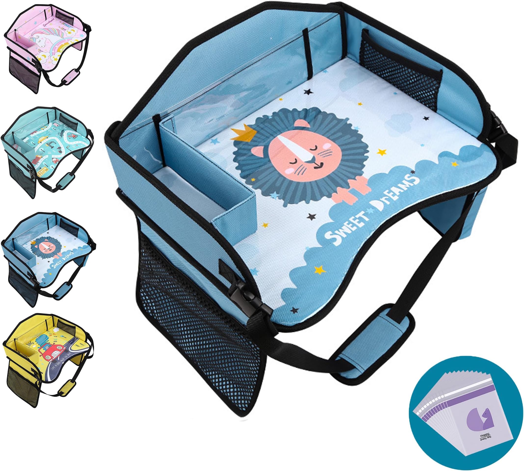 Car Seat Tray for Kids Travel, Toddler Travel Tray for Car Airplane, Car Trays for Kids Roadtrip Essentials, Carseat Table Road Trip Activities, Lap Desk Organizer(Lion Blue)