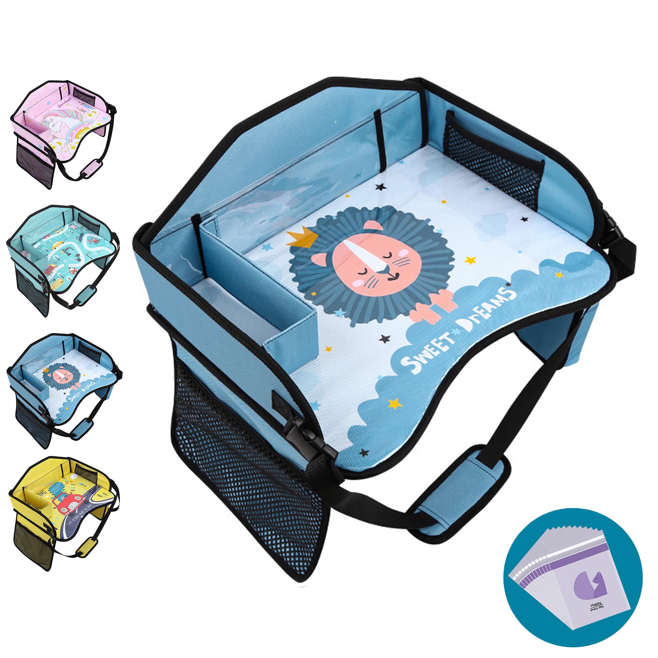 Car Seat Tray for Kids Travel, Toddler Travel Tray for Car Airplane, Car Trays for Kids Roadtrip Essentials, Carseat Table Road Trip Activities, Lap Desk Organizer(Lion Blue)