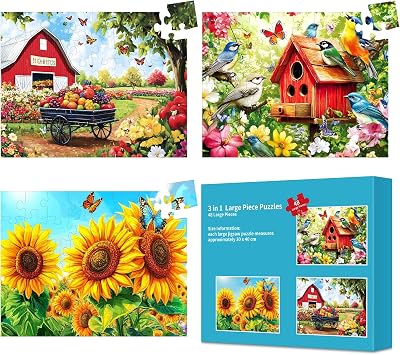 3 Pack 48 Large Piece Puzzles for Seniors, Dementia Alzheimers Products Activities for Elderly Adults,Alzheimers Puzzle Memory Cognitive Games Easy Jigsaw Puzzle Gifts with 3 Storage Bags