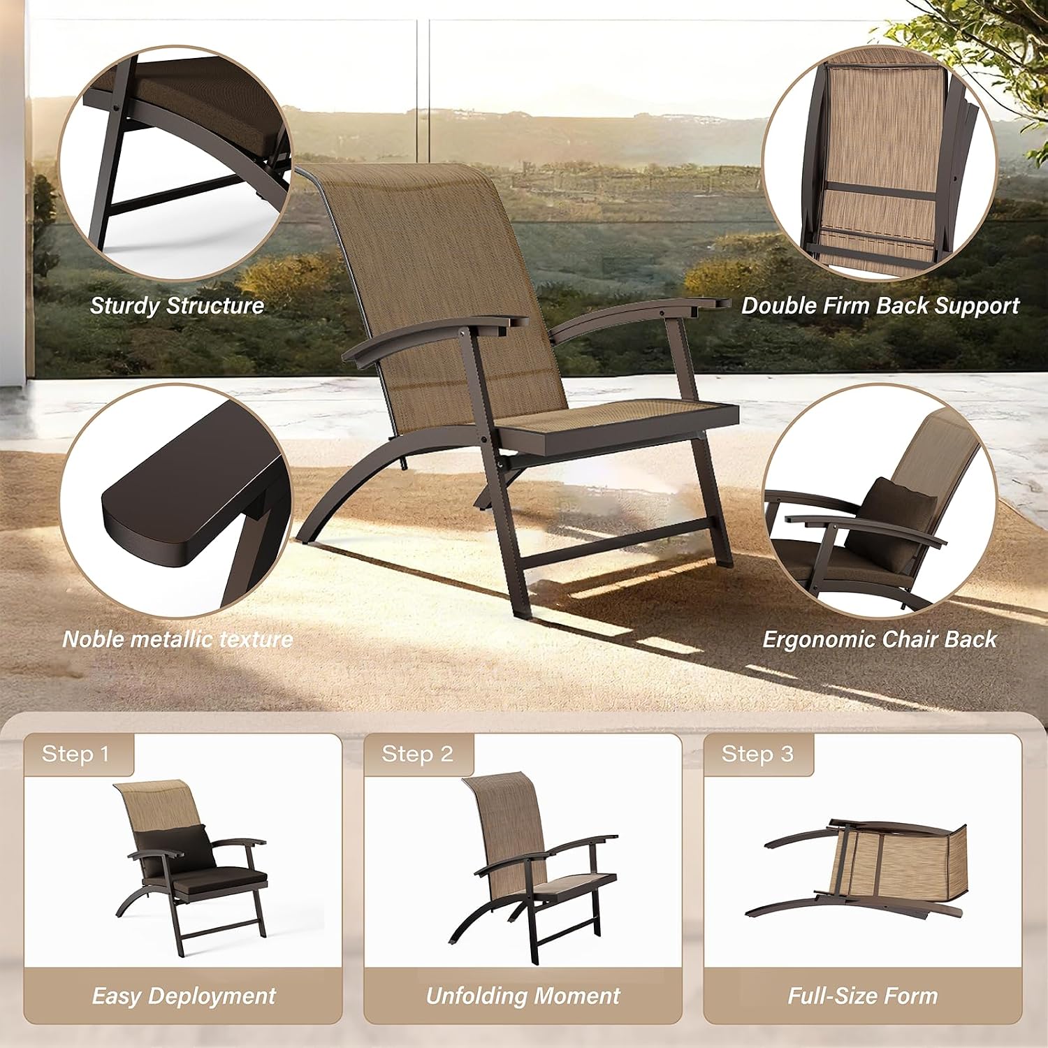 3 Piece Patio Furniture Set with Textilene Fabric,Foldable Patio Chairs Set of 2 with Metal Frame Table,Gift two Cushions, Outdoor Chairs Set for Poolside Balcony Porch Lawn Deck Garden（Brown）