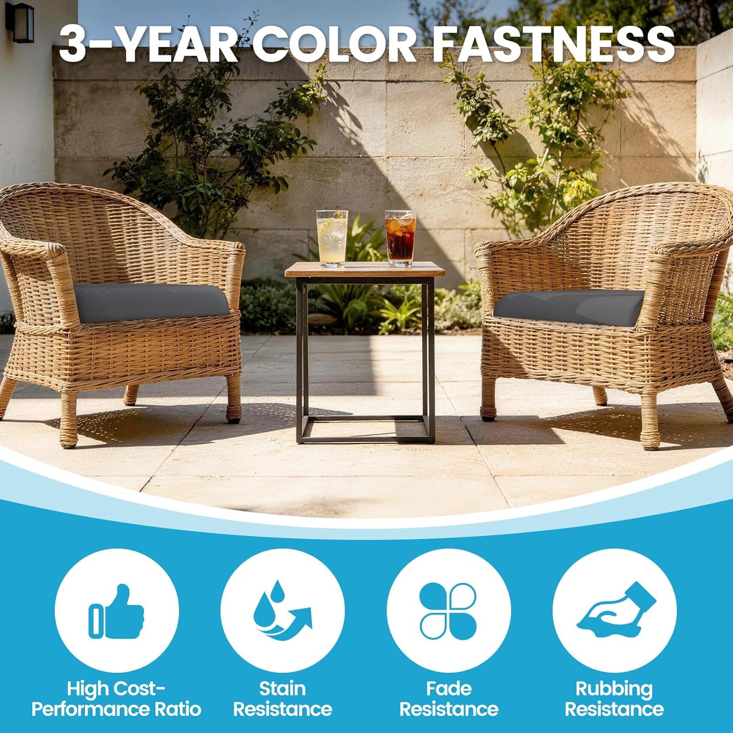 TasticTotes Patio Chair Cushions - Set of 2, Waterproof Outdoor Seat Cushions with Adjustable Straps and Handles, Fade-Resistant Chair Pads for Outdoor Furniture, Garden, Beach (24" x 24" x 4", Grey)