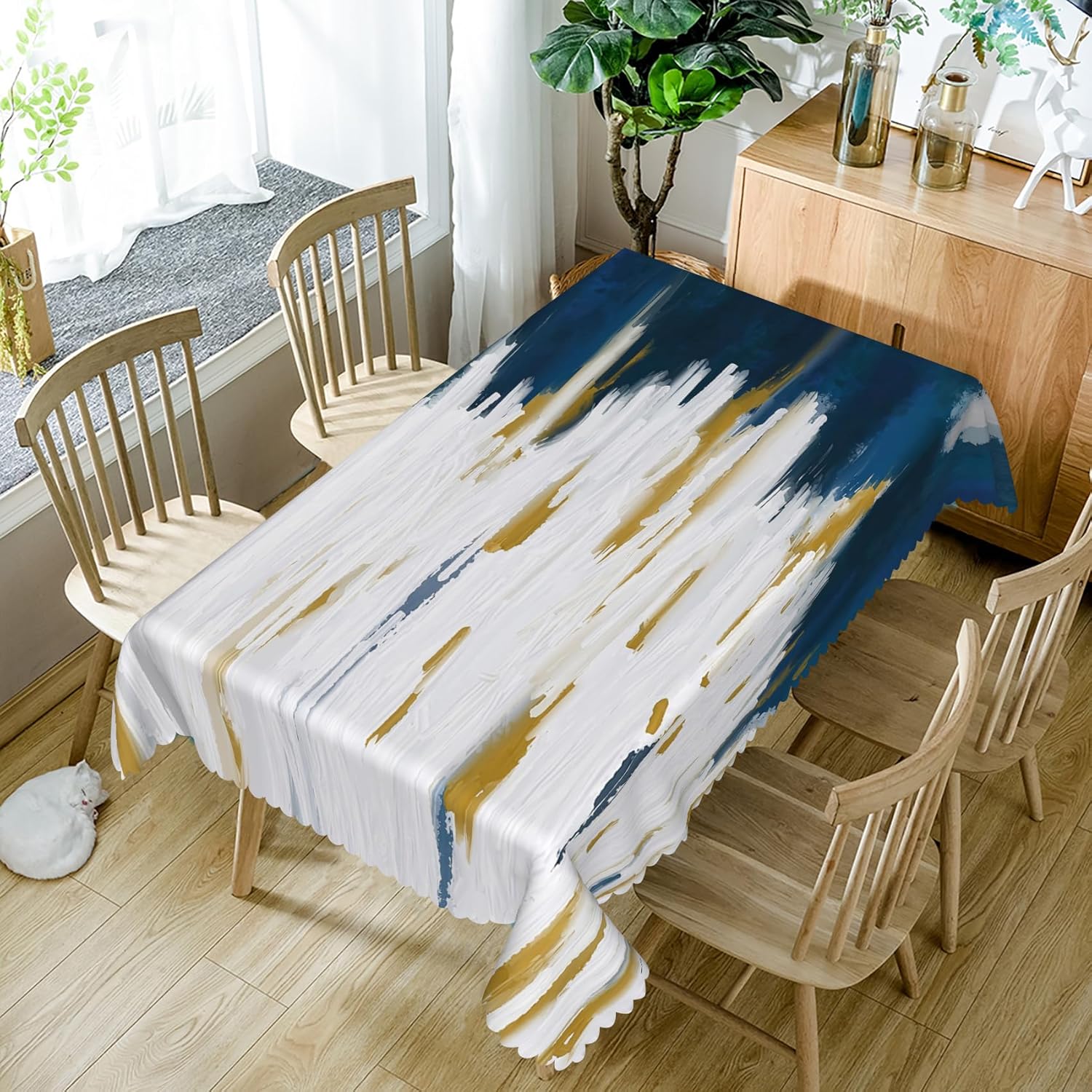 70x90inches Navy Blue White Tablecloth Abstract Brush Strokes Oil Painting Ombre Fabric Table Cloth Waterproof and Stain Resistant Rectangle Table Cover for Kitchen Dining Room Home Decor