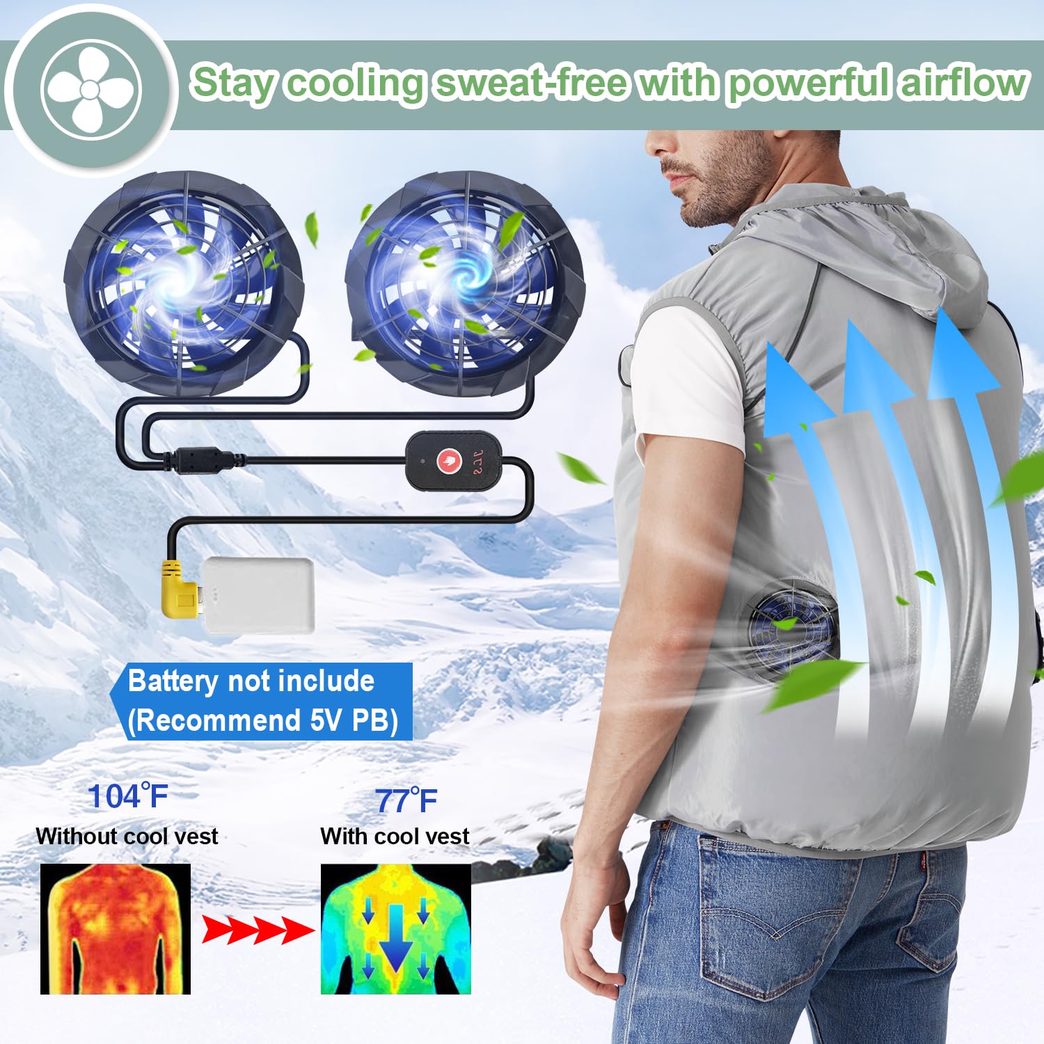 Chaleco de refrigeración para hombres y mujeres, chaleco evaporativo fresco con 2 ventiladores, ropa fría con aire acondicionado, mantiene la refrigeración durante 13 horas