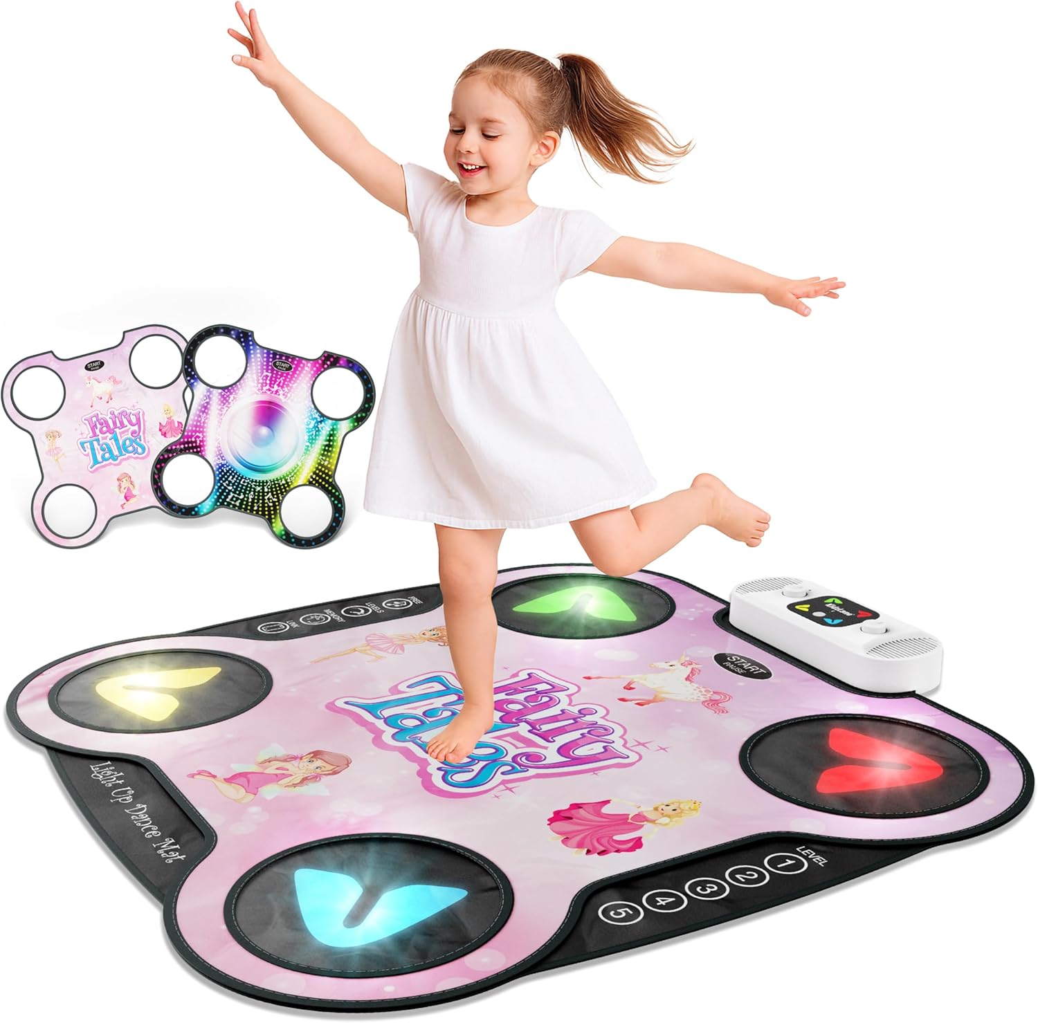 Kidzlane Light Up DJ Dance Mat for Kids - Bluetooth & AUX Compatible - 3 Fun Arcade Games with 5 Difficulty Levels - Detachable Top Mats with Fairytale & Speaker Motives - Adjustable Volume - Ages 6+ Fairy Tales & Sounds Box