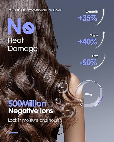 Miniatura 5 de Secador de pelo -Bopcal Ionic Blow Dryer, 500 millones de iones de secado rápido, secador de pelo de bajo ruido, 3 velocidades y 4 temperaturas con