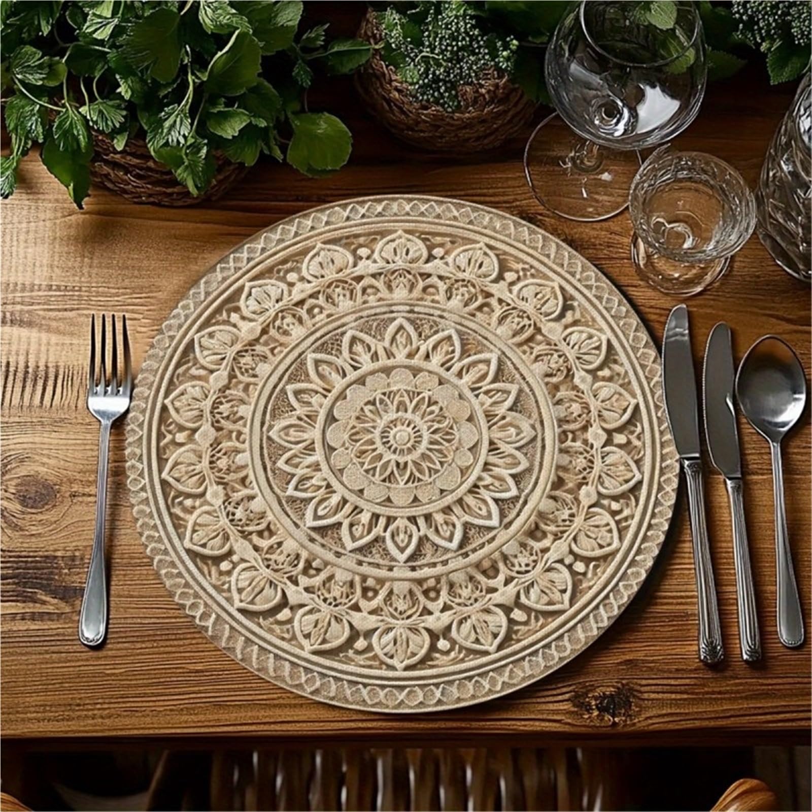 Napperons Ronds adaptés à la Table à Manger, Tapis Marron Clair et Blanc, lavables à la Main, élégants, 38CM, 4 pièces