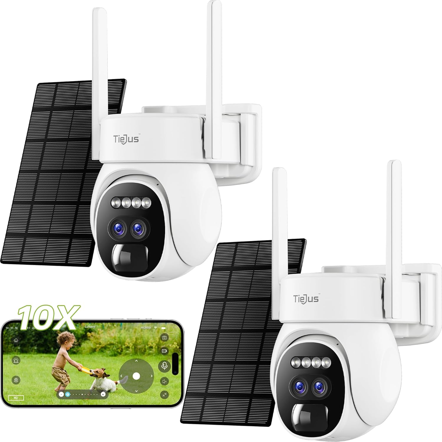 Dual Lens Security Cameras Wireless Outdoor 2Packs, 360° PTZ Solar Cameras for Home Security Outside, 2K WiFi Battery Powered Surveillance Camera Color Night Vision, Motion Alarm [10X Zoom]