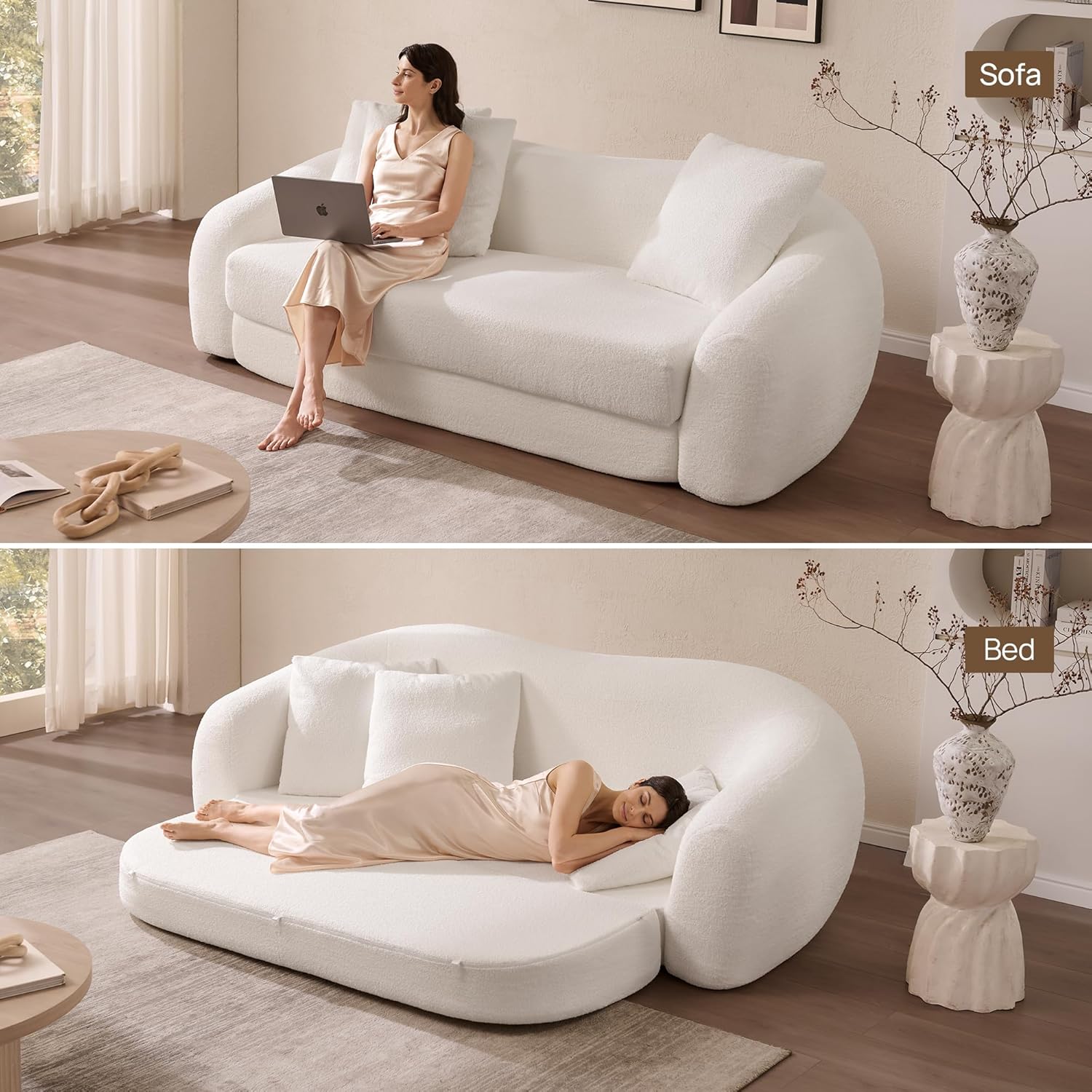 SICOTAS Curved Sofa Couch Bed for Living Room Convertible Futon Cloud Boneless Sleeper Chair Pull Out Floor Couch with Deep Seat Sofa Set Foam No Assembly Required for Bedroom Apartment Office, White