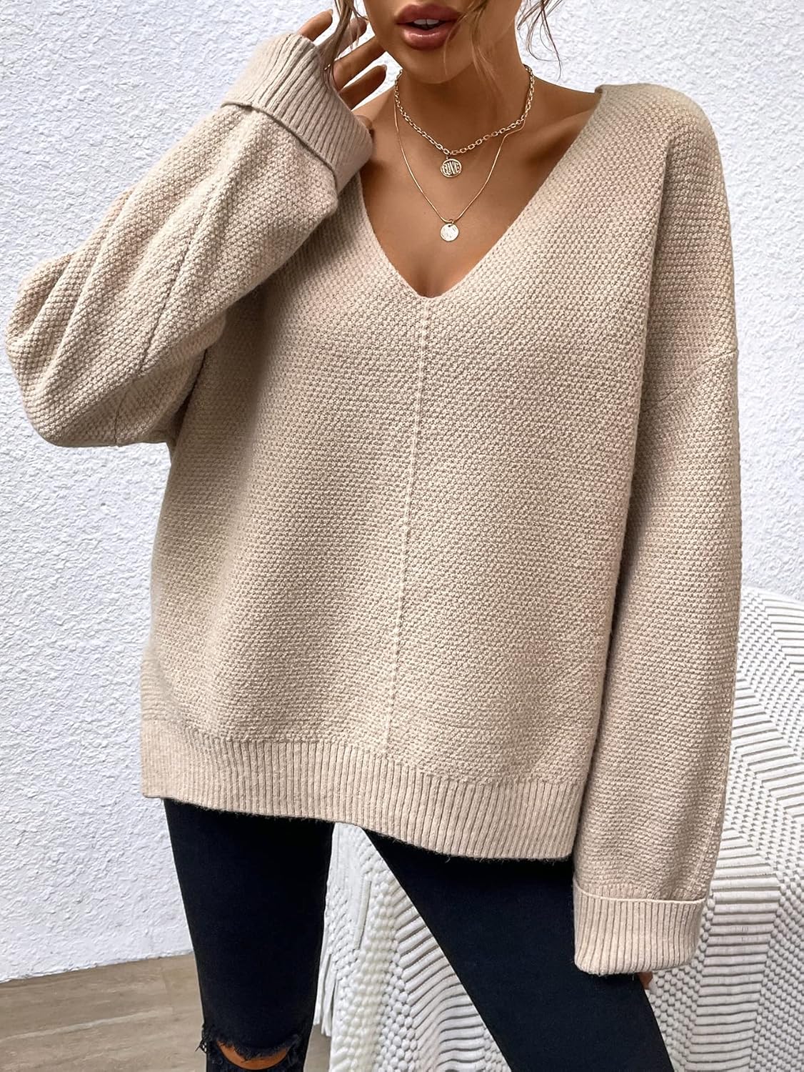 Women's Sweater Drop Shoulder Split Hem Sweater Sweater for Women (Color : Khaki, Size : Medium)