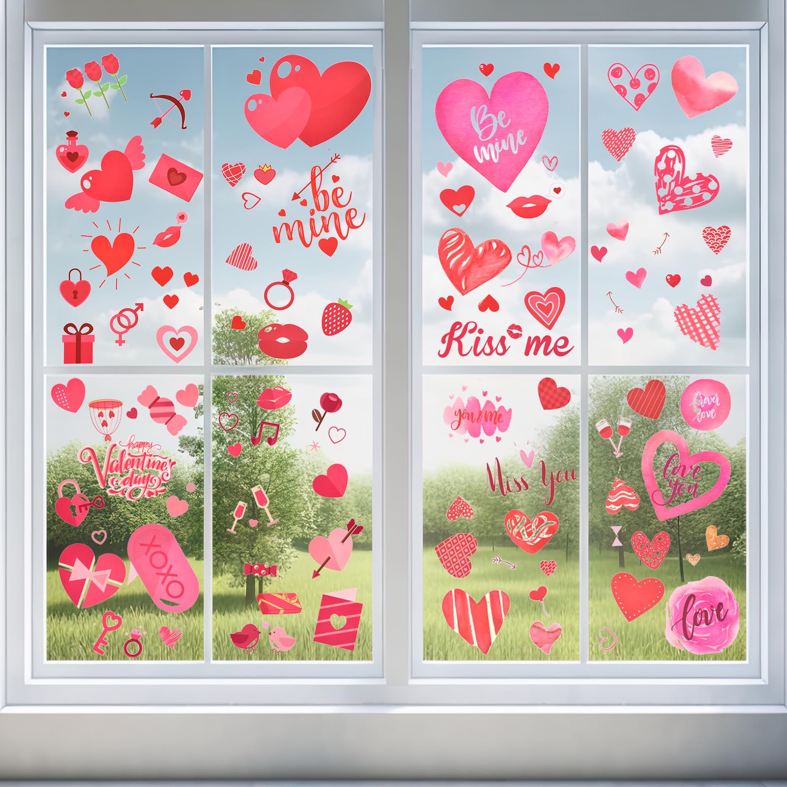 218 Pieces Valentine's Day Window Clings for Glass Windows - Assorted Love Heart and Kiss Designs, Removable DIY Vinyl Decals Stickers for Wedding Engagement Romantic Indoor Ornaments Decorations