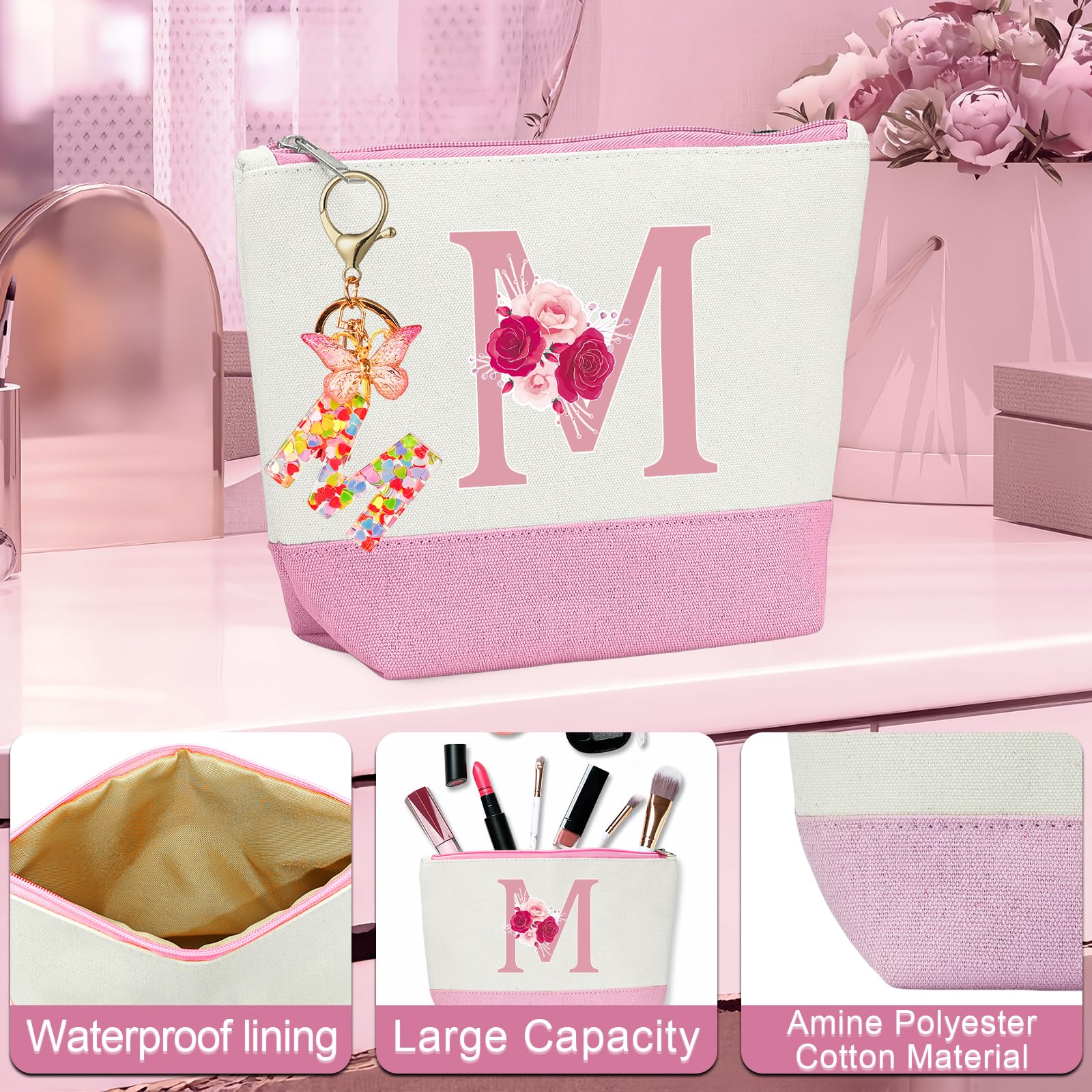 Mother's Day Gifts,Birthday Gift for Women,Initial Canvas Tote Bag,Personalized Gifts for Women,16oz Glass Cup With Straw,Jewelry Storage Box,Monogrammed Gift for Woman Mom Sister Bestie-M