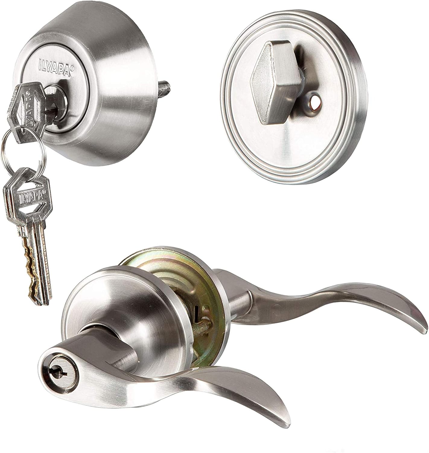 Ilyapa Entry Door Handle and Deadbolt Lock Set, 3 Pack - Satin Nickel Lever Door Knob for Front Entrance, Bedroom, Bathroom or Closet