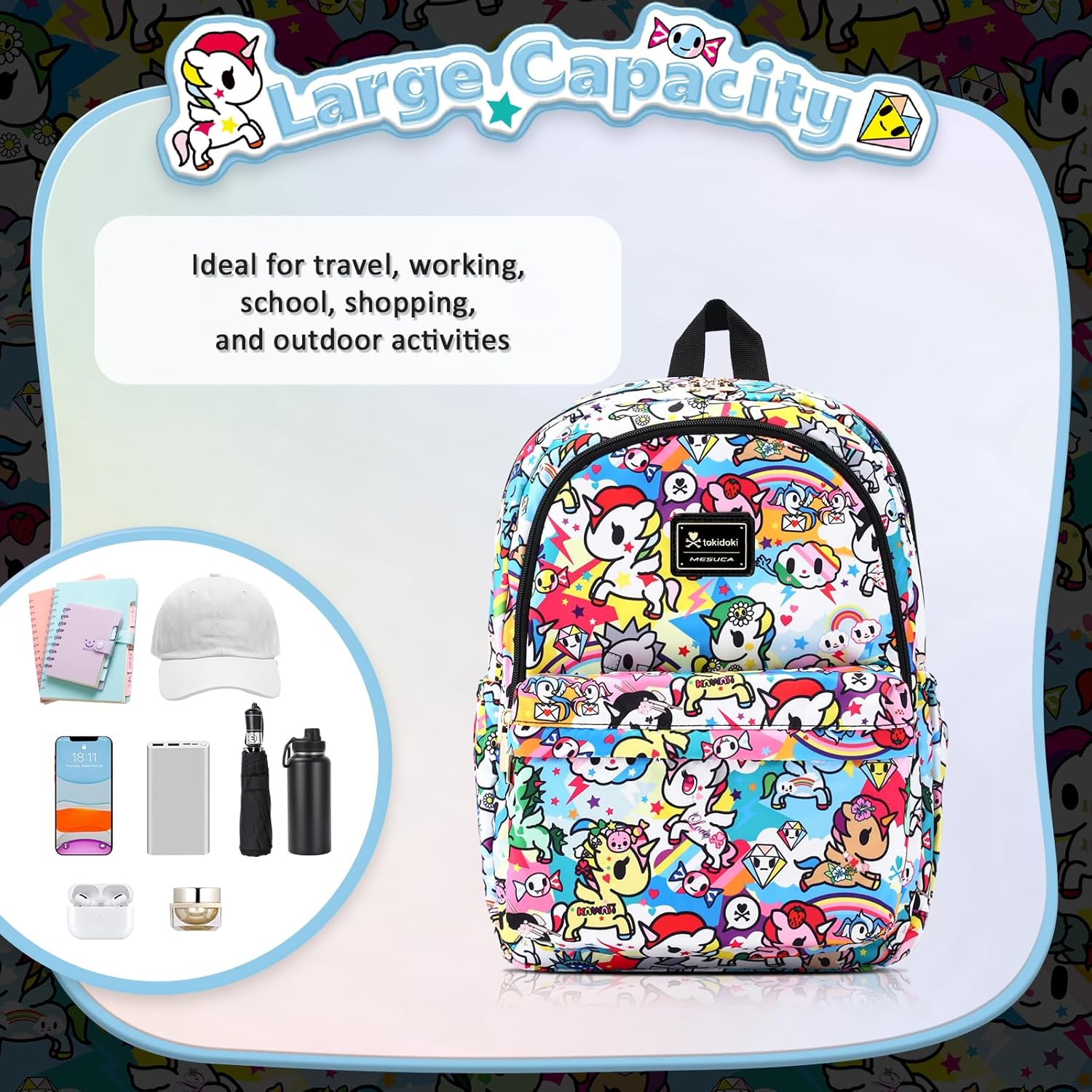 Tokidoki Backpack with Unicorno Keychain Travel Backpack for Women Casual Daypack for Work Weekender Business (BPK_unicorno-01)