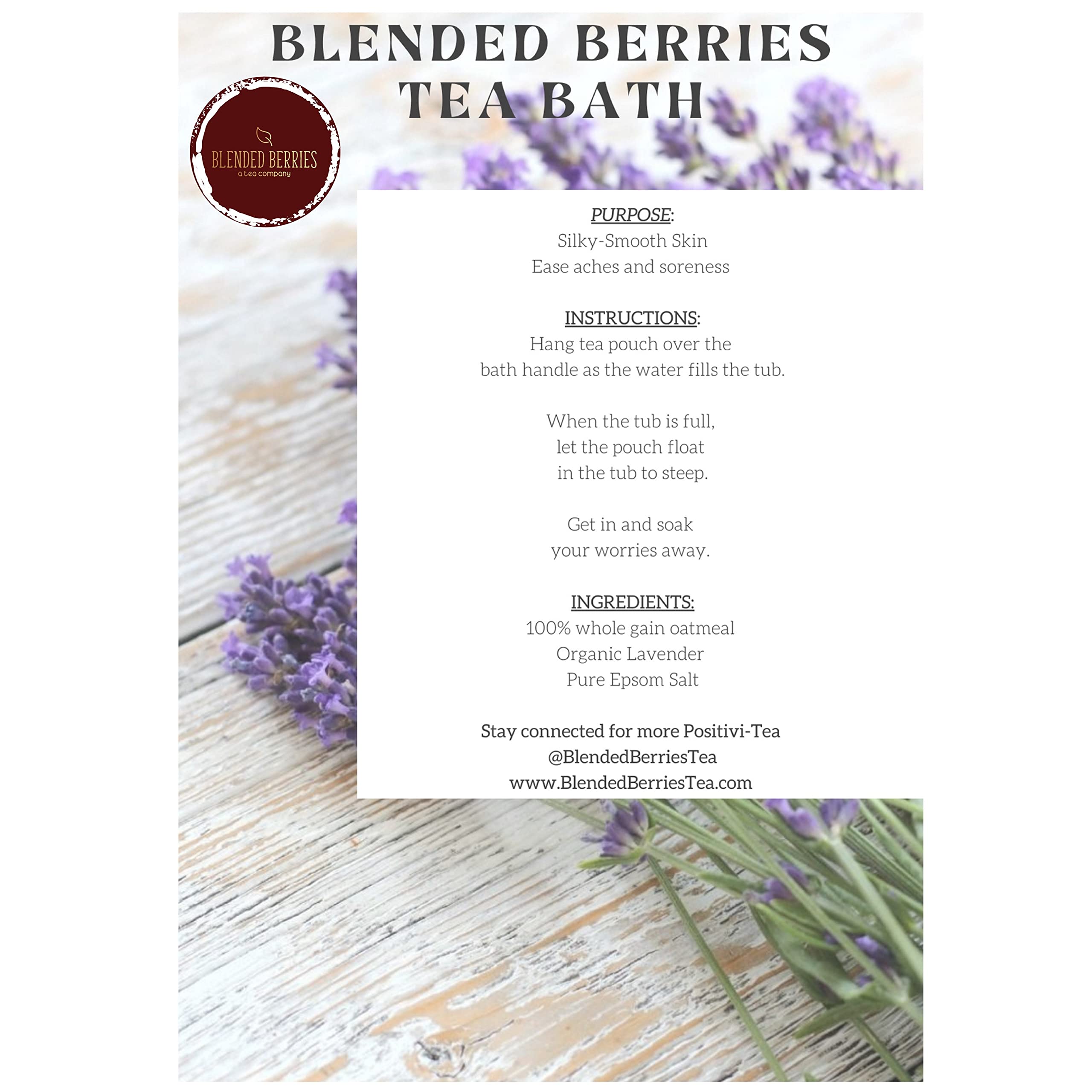 Blended Berries Tea Bath- All Natural Tea Bath with Epsom Salt, Oatmeal, and Lavender- Ease Aches & Soreness, Promotes Silky-Smooth Skin (3.2 oz Linen Sachet)