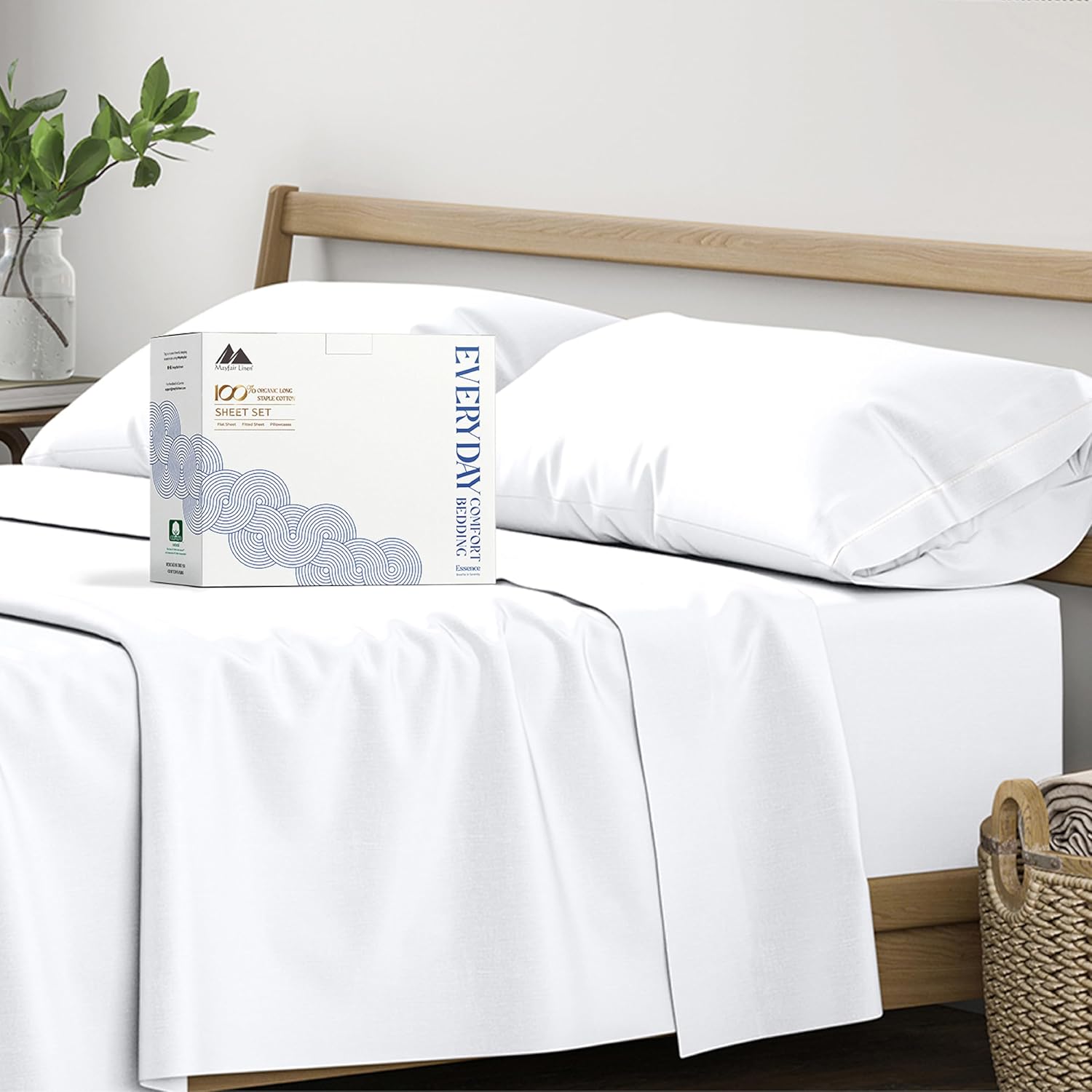 Mayfair Linen 100% Organic Cotton Percale Sheets California King Size - White Cotton Percale Sheets California King, 4 PC Percale Sheets Calking Size, Soft & Crisp, Cooling Sheets, 16" Deep Pocket