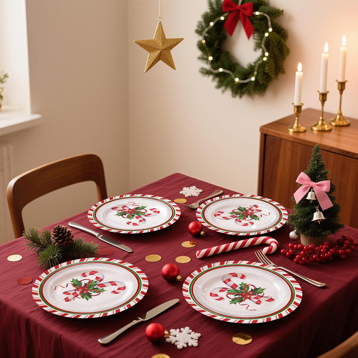 WRAPAHOLIC 25Pcs Christmas Paper Plates - 9 Inch Candy Cane Disposable Plates Decorative Dinner Plates for Christmas Party Tableware Supplies Table Decor (Pack of 2)