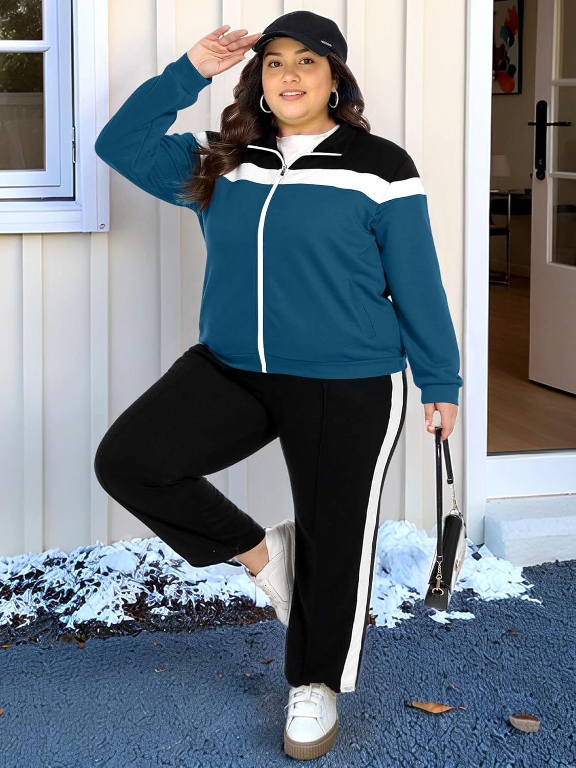 UOUA Plus Size Womens 2 Piece Sweatsuits Outfits Zip Up Jackets & Sweatpants Casual Loungewear Tracksuit Sets - Image 3