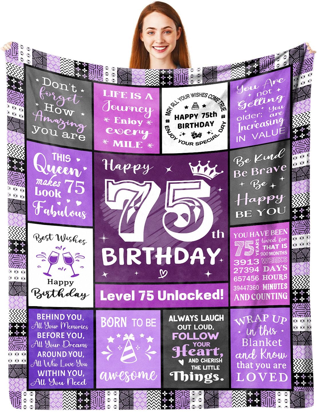 ACAATVE 75th Birthday Gifts for Women Blanket 150 x 130 cm | Personalised 75 Year Old Birthday Decoration Gift for Women, Happy Turning 75 Presents for Woman a 1950 Birth Year Flannel Throw