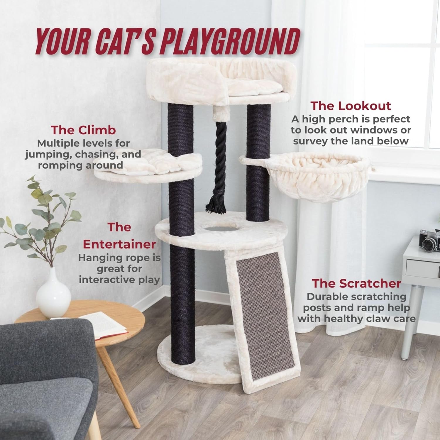 TRIXIE Bovina Cat Tower for Large Cats, Hammock, Climbing Ramp, Sturdy Play Rope, Padded Platforms 55.5 in. Tall