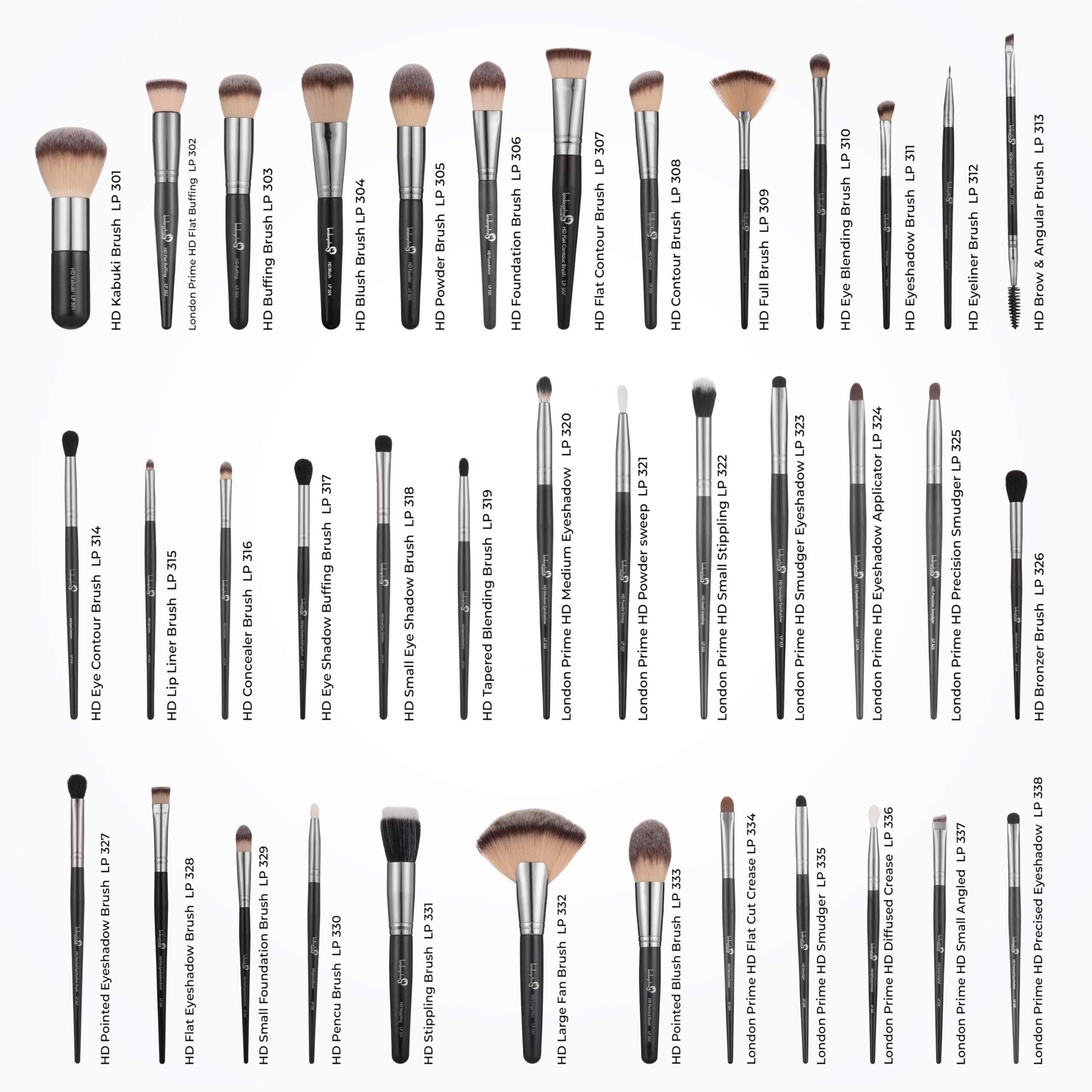 London Prime - Set di 38 pennelli da trucco professionali con cintura, set completo per il trucco da donna, per fondotinta, ombretto, fard, correttore, pennelli per sopracciglia, setole morbide