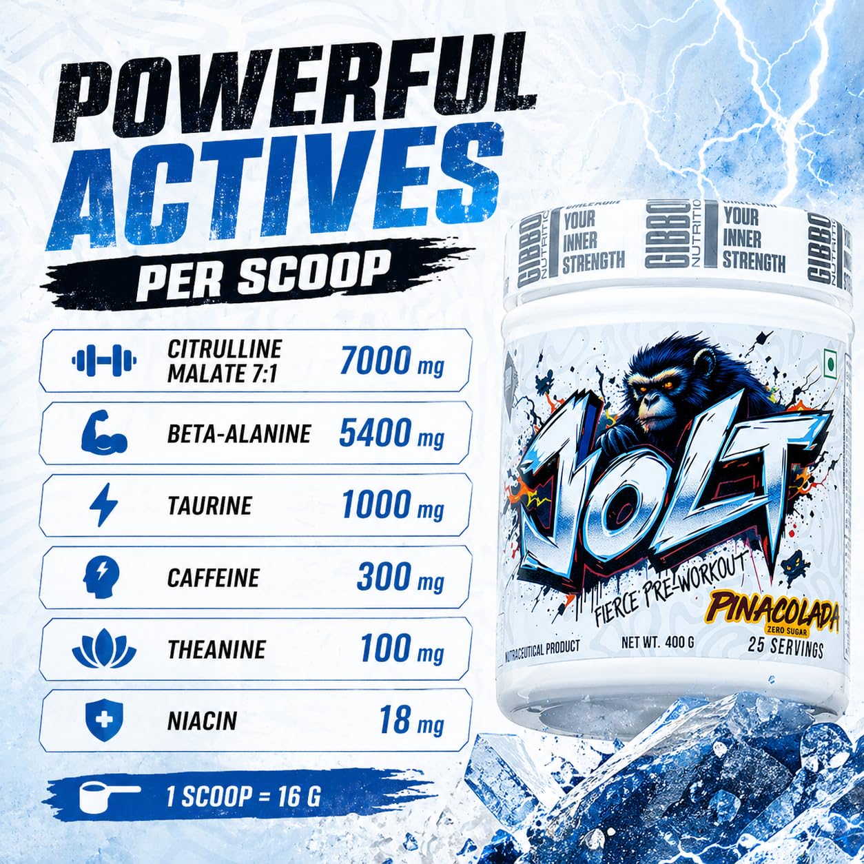 GIBBON JOLT Fierce Pre-Workout 400g | 7000mg Citrulline, 5400mg Beta-Alanine, 300mg Caffeine, 1000mg Taurine | Zero Sugar, 25 Servings, Vegetarian, Gluten Free | Pinacolada Flavour — Amazon image 6
