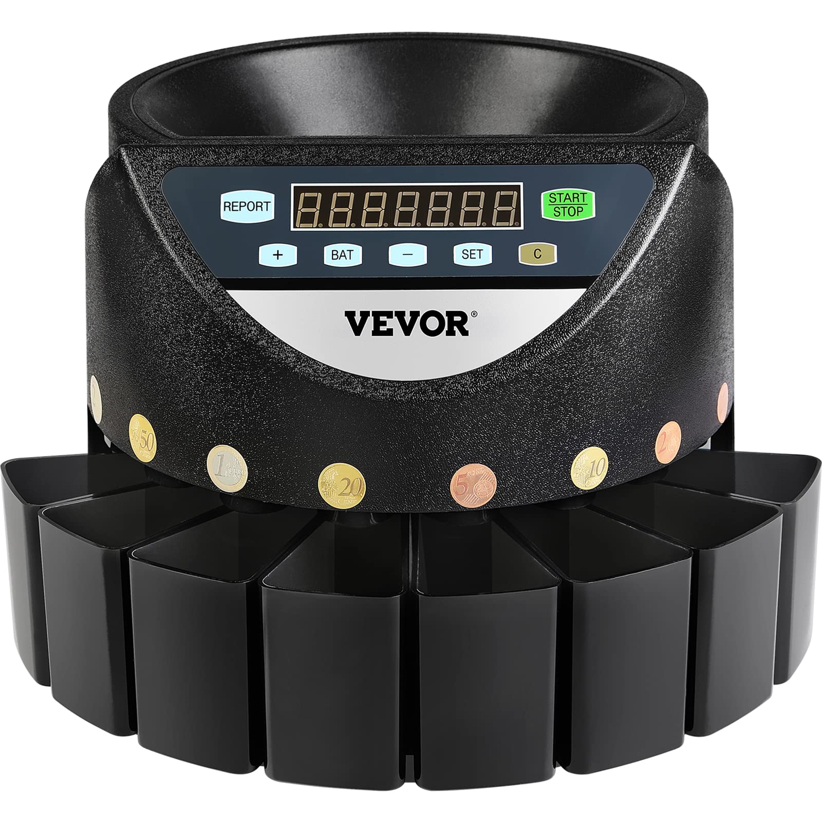 VEVOR Macchina Contamonete 500-1000 Monete in Euro Separatore per Monete Contamonete Velocità 300 pezzi/minuto Display a LED 7 Cifre Pannello Controllo 8 Cassetti, Tabaccheria, Scuole, Negozio, Banca