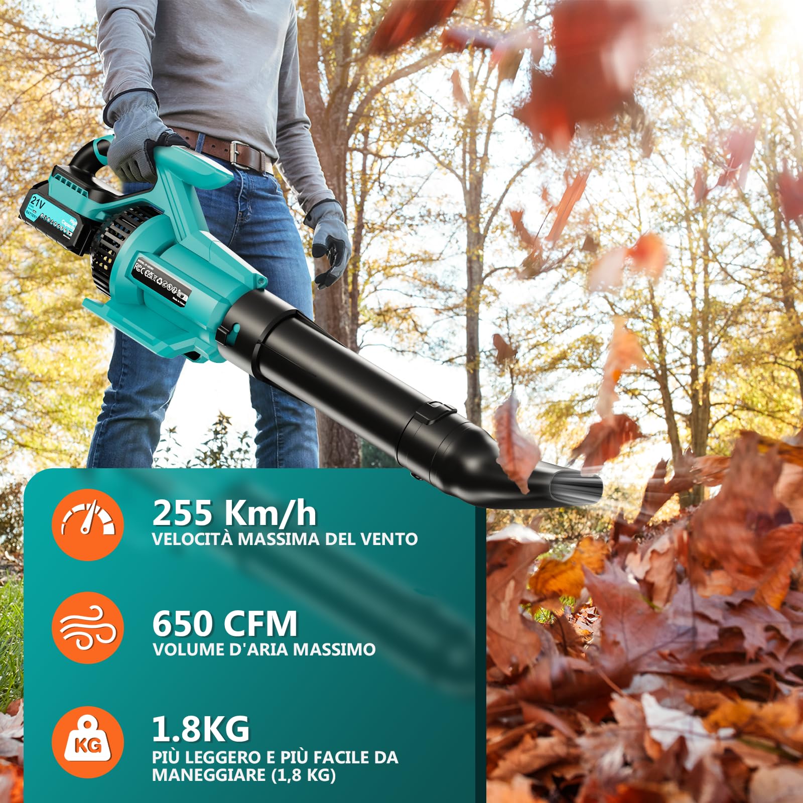 Olubfdh 21V Soffiatore a Batteria 255Km/h 1070m³/h, Max 38000RPM, 3 Velocità con 2 batterie 4000 mAh e caricabatterie Display LCD per Foglie Giardino, Trucioli Legno, Pulizia del Cortil (Blu)