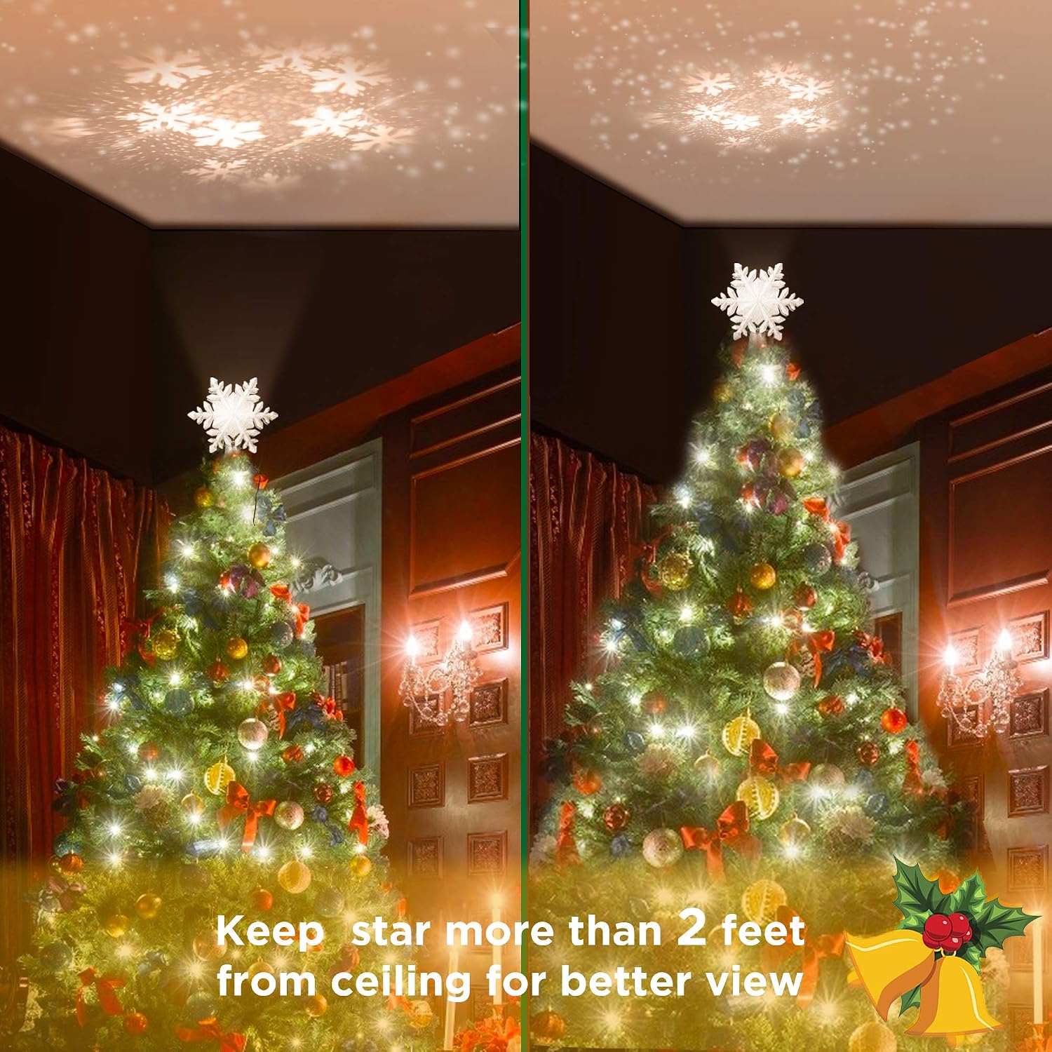 kapebow Christmas Snow Tree Topper Snowflake Projector, 3D Sparkling Glitter Silver,Led Night Light with Rotating White Snow for Xmas Tree Decoration,Indoor Living Room, Bedroom Kids, Family (Silver)