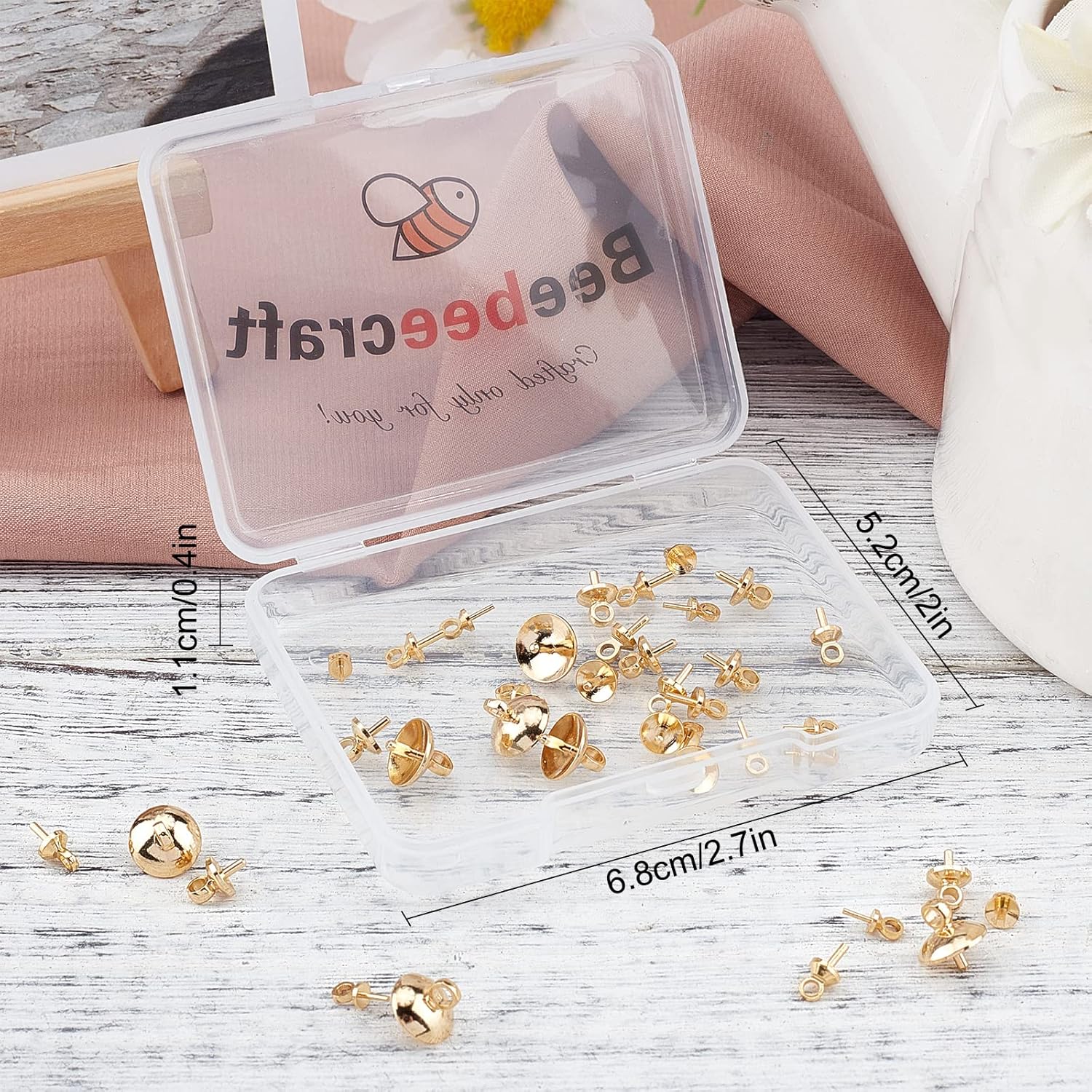Beebeecraft 40Pcs 4 Size Eye Pin Bail Peg Pendants 24K Gold Plated Pearl Cup Eye Pins with Small Pearl Cup for Half Drilled Beads Jewelry Making Findings, 2.5/4/5/8mm