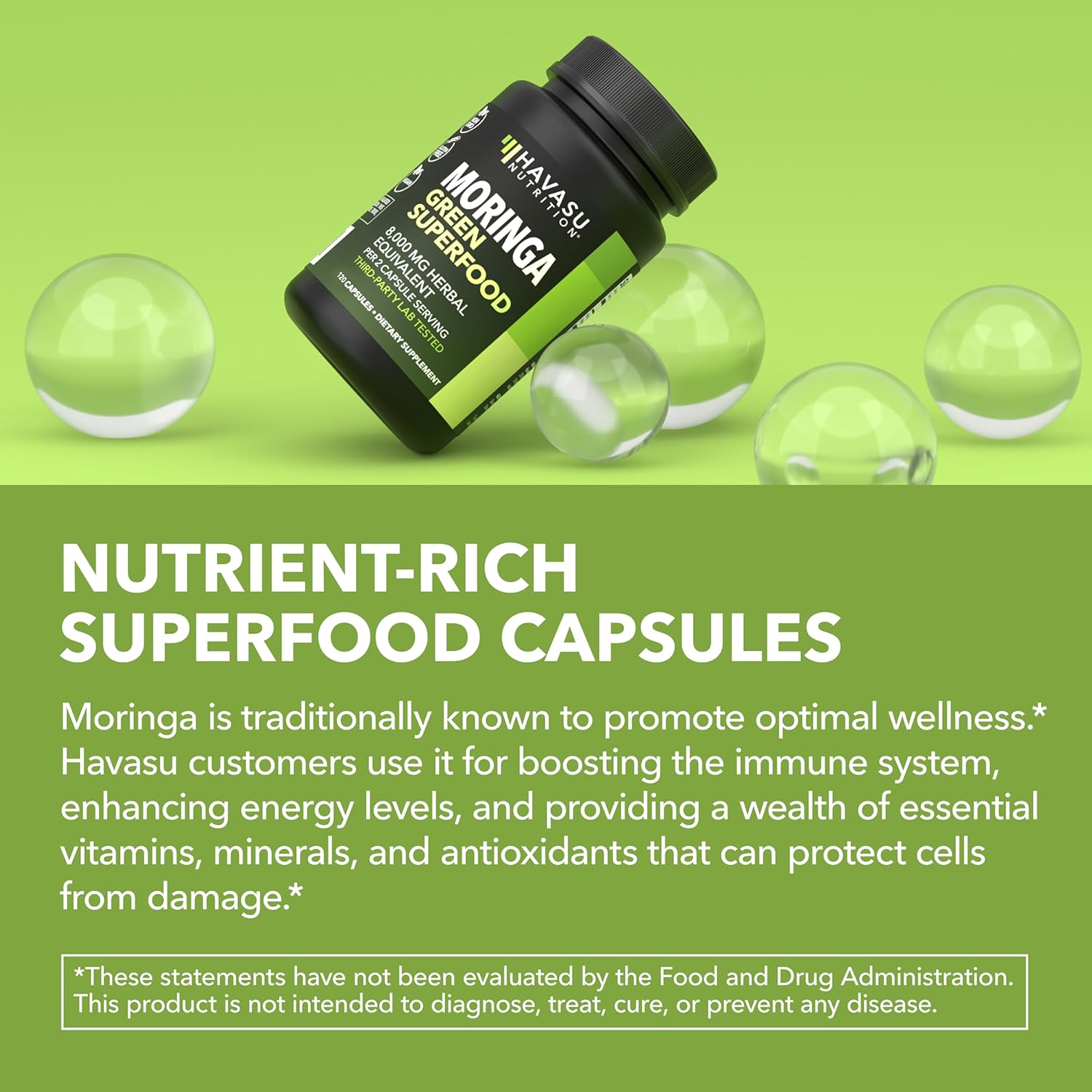 Moringa Capsules 800mg Per Serving - Moringa Leaf Extract for Immune Support - Green Superfood Capsules - Multivitamin Moringa Supplement - 120 Count - Vegan, Non-GMO, Gluten Free - 60 Servings